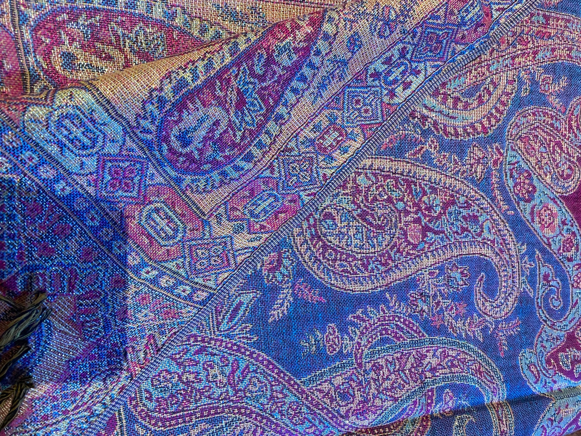 Vintage Fuchsia Blue Metallic Gold Paisley Brocade Pashmina Scarf Wrap