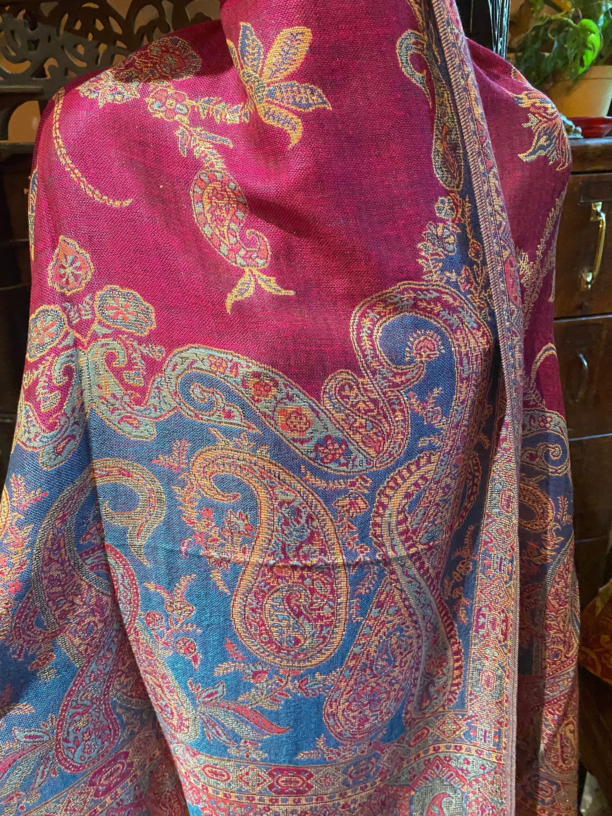 Vintage Fuchsia Blue Metallic Gold Paisley Brocade Pashmina Scarf Wrap