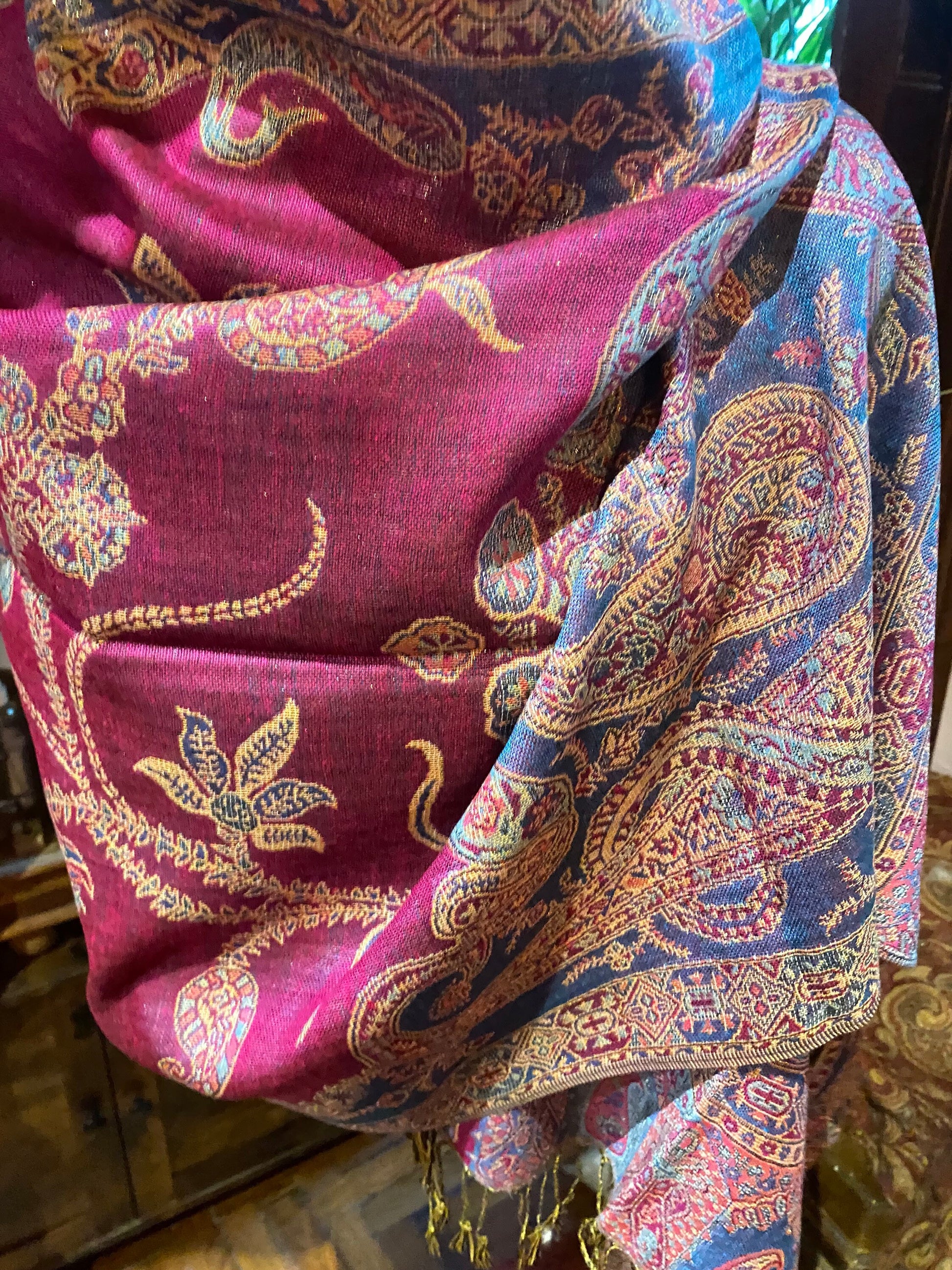 Vintage Fuchsia Blue Metallic Gold Paisley Brocade Pashmina Scarf Wrap