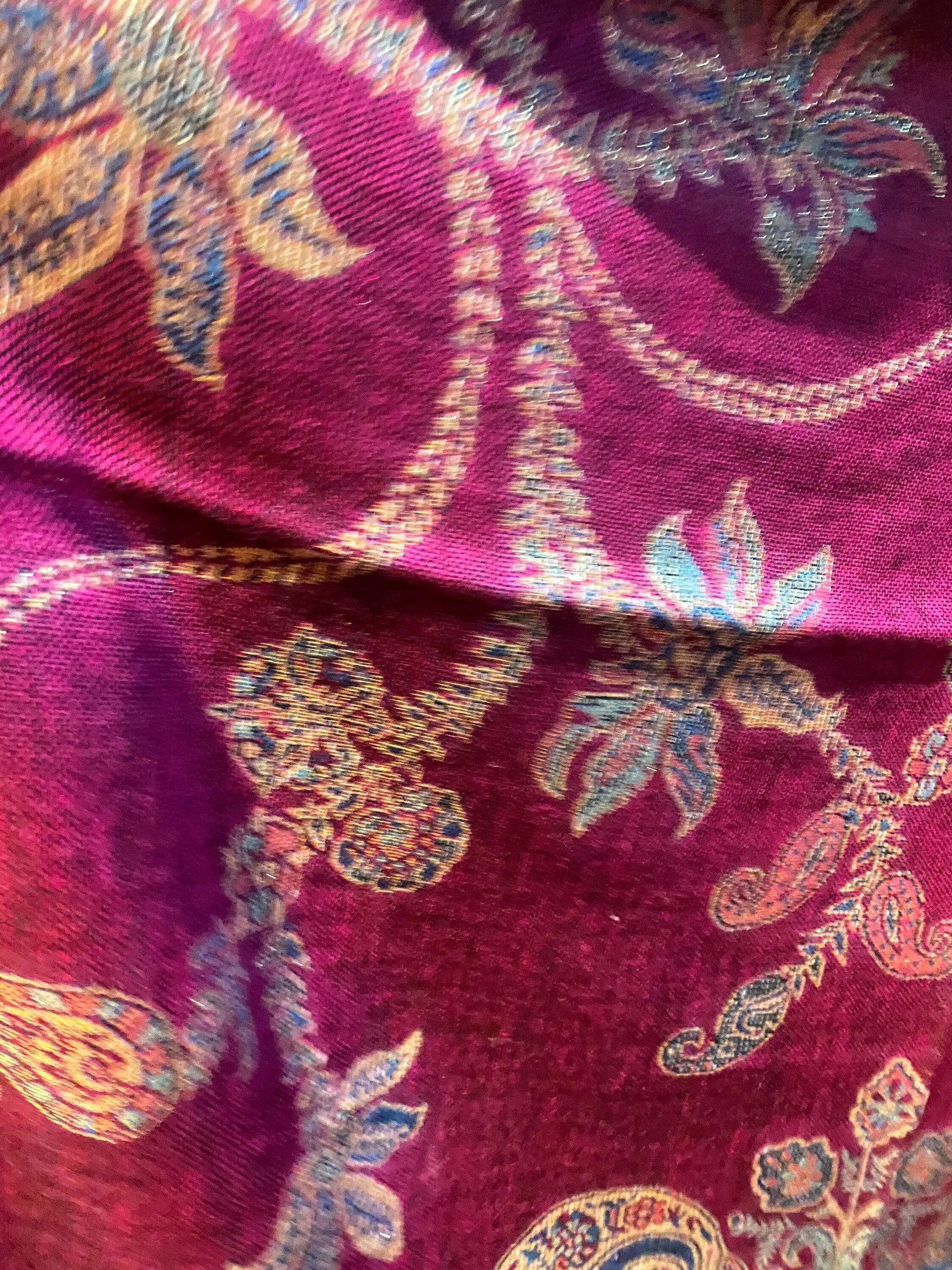 Vintage Fuchsia Blue Metallic Gold Paisley Brocade Pashmina Scarf Wrap