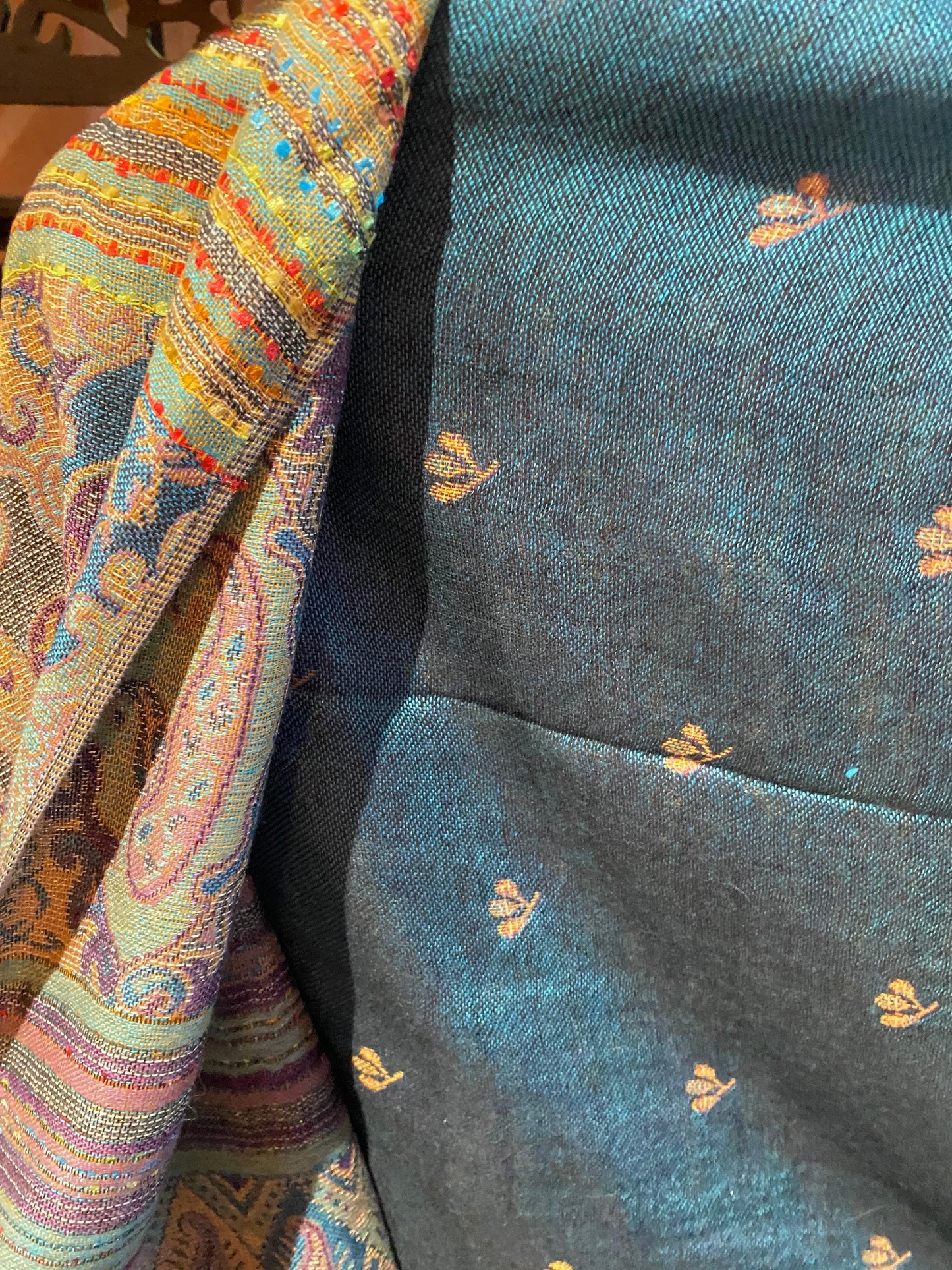 Vintage Blue Gold Paisley Brocade Pashmina Scarf Wrap Shawl