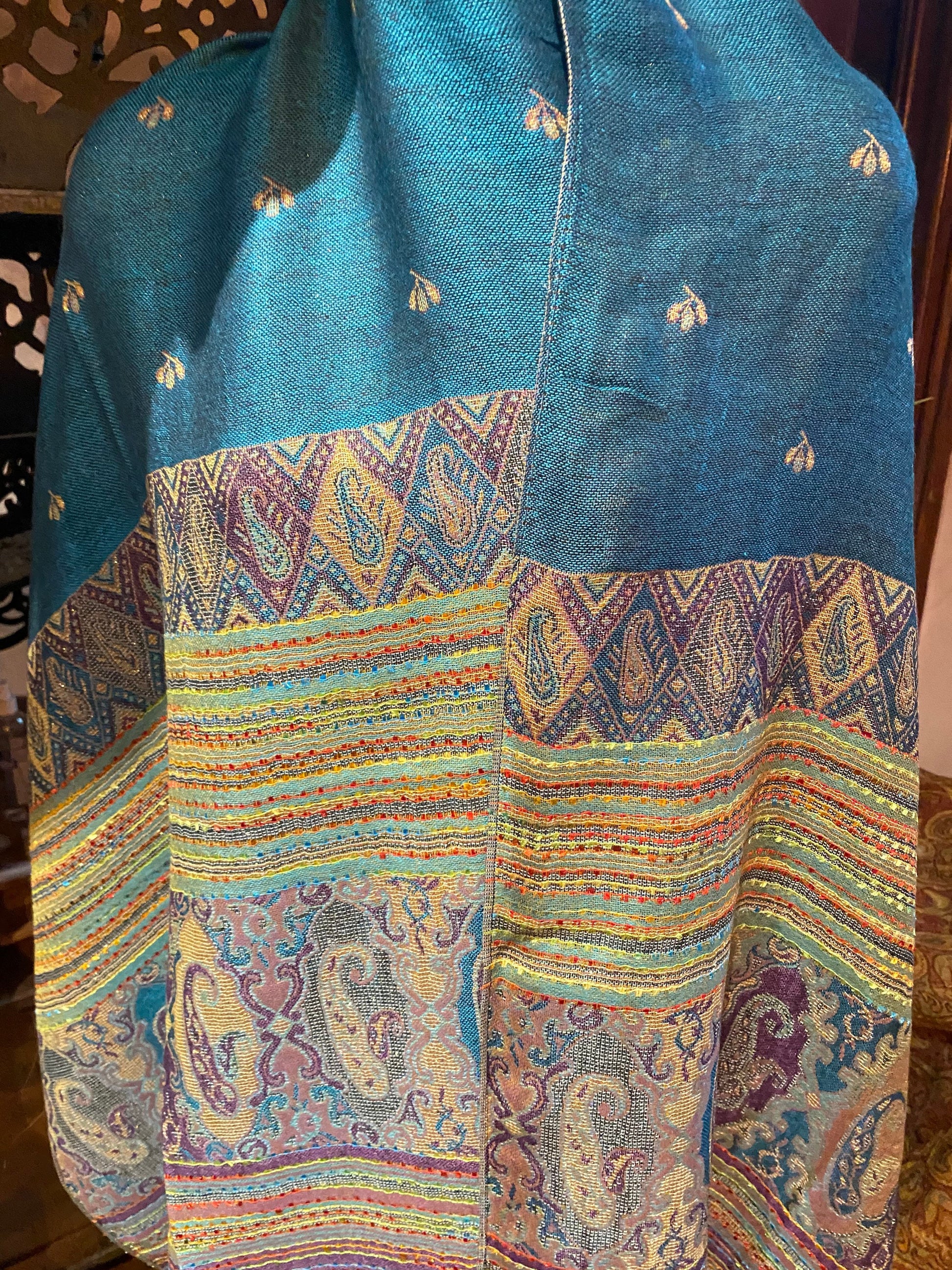 Vintage Blue Gold Paisley Brocade Pashmina Scarf Wrap Shawl