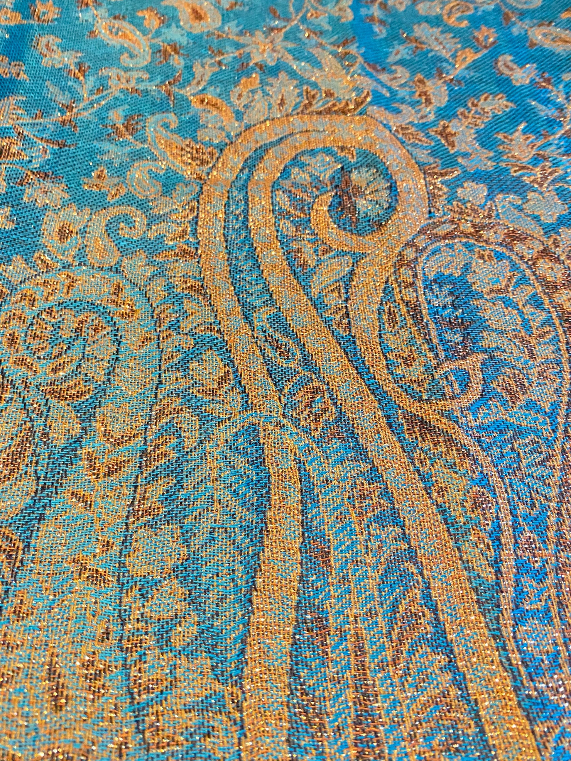 Vintage Blue Gold Paisley Brocade Pashmina Scarf Wrap Shawl