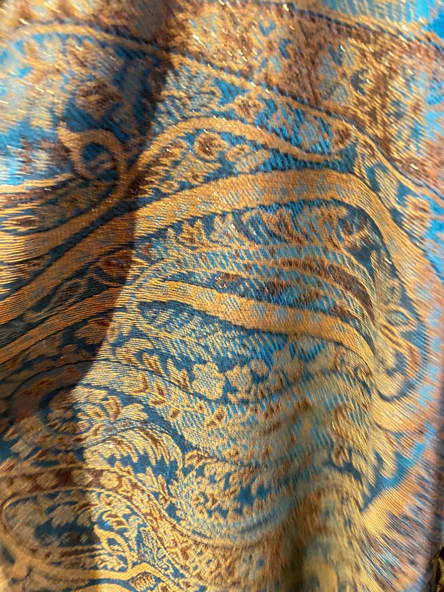 Vintage Blue Gold Paisley Brocade Pashmina Scarf Wrap Shawl