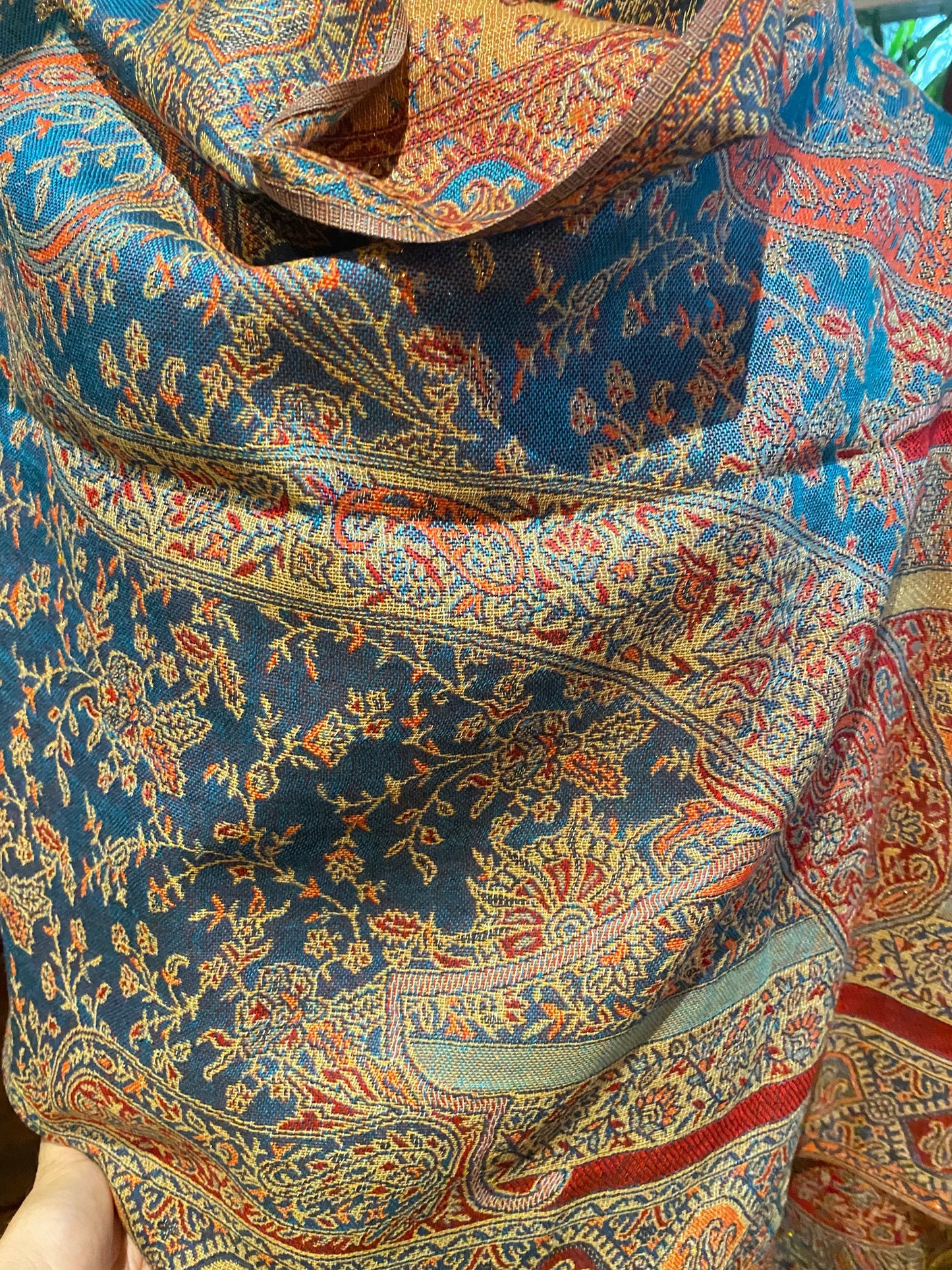 Vintage Blue Gold Paisley Brocade Pashmina Scarf Wrap Shawl