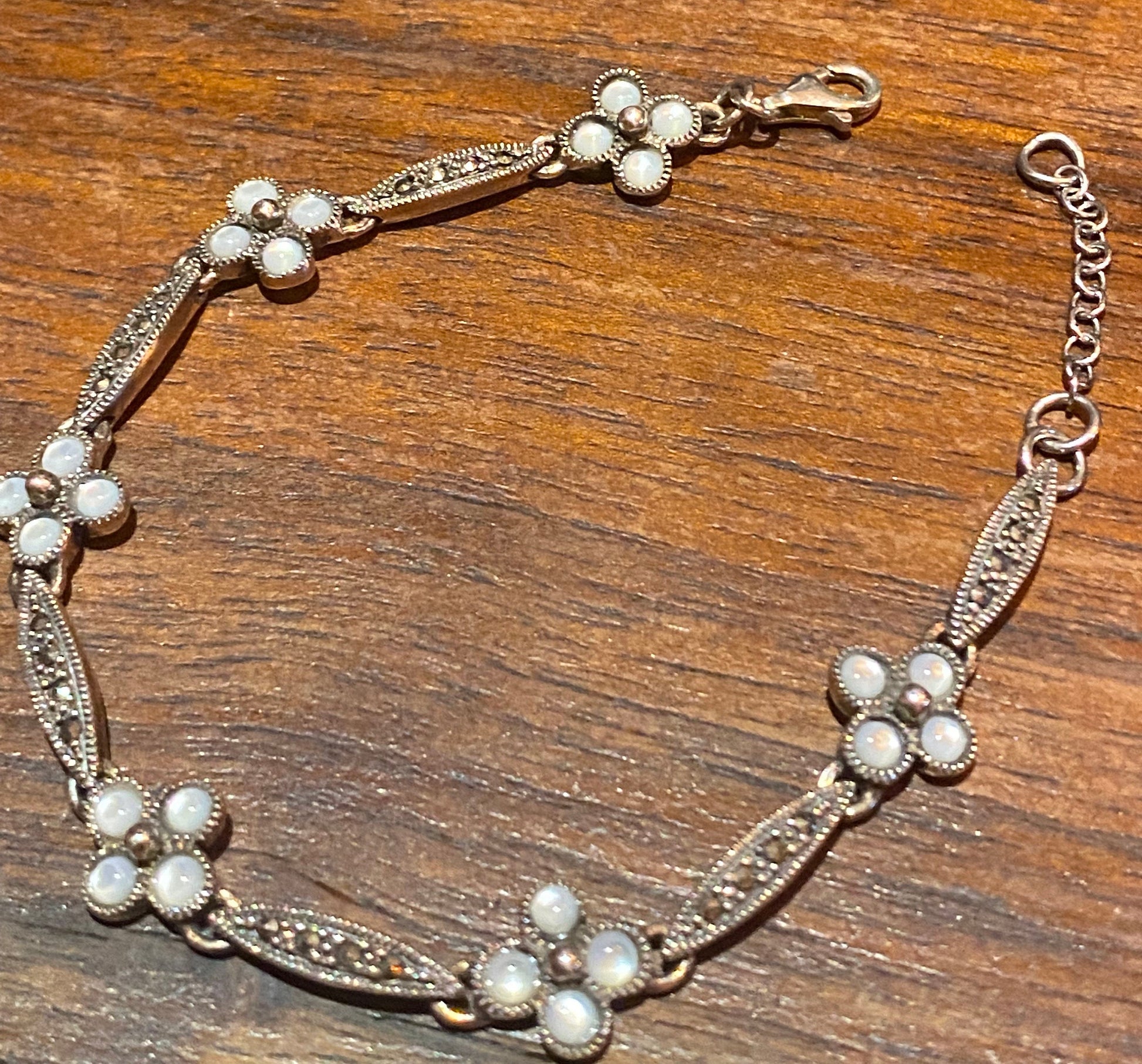 Vintage Marcasite Bracelet 925 Sterling Silver Mother of Pearl