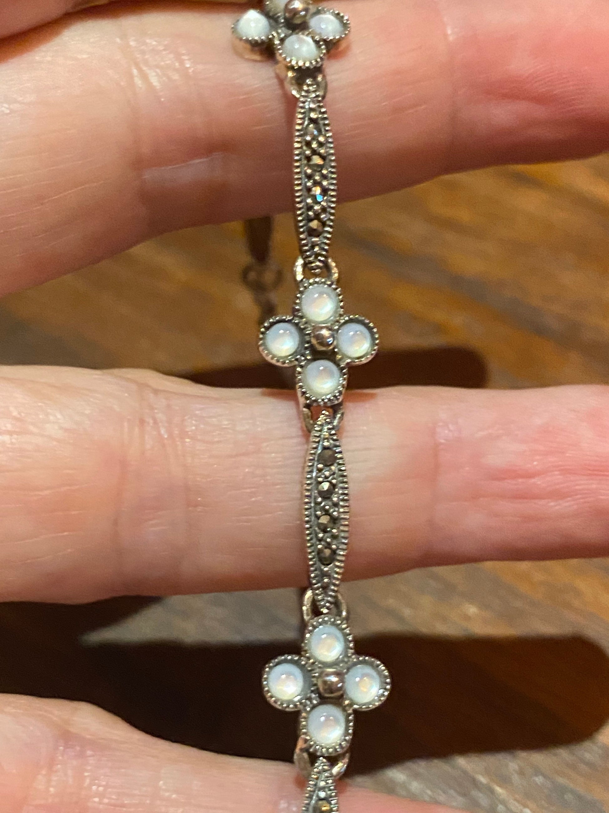 Vintage Marcasite Bracelet 925 Sterling Silver Mother of Pearl