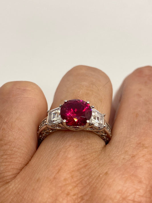 Vintage Ruby Cubic Zirconia Crystal 925 Sterling Silver Ring