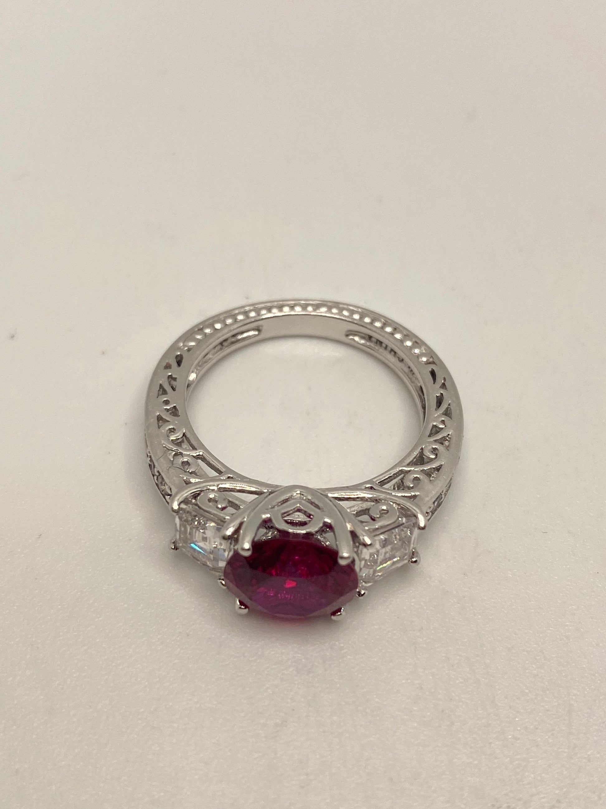 Vintage Ruby Cubic Zirconia Crystal 925 Sterling Silver Ring