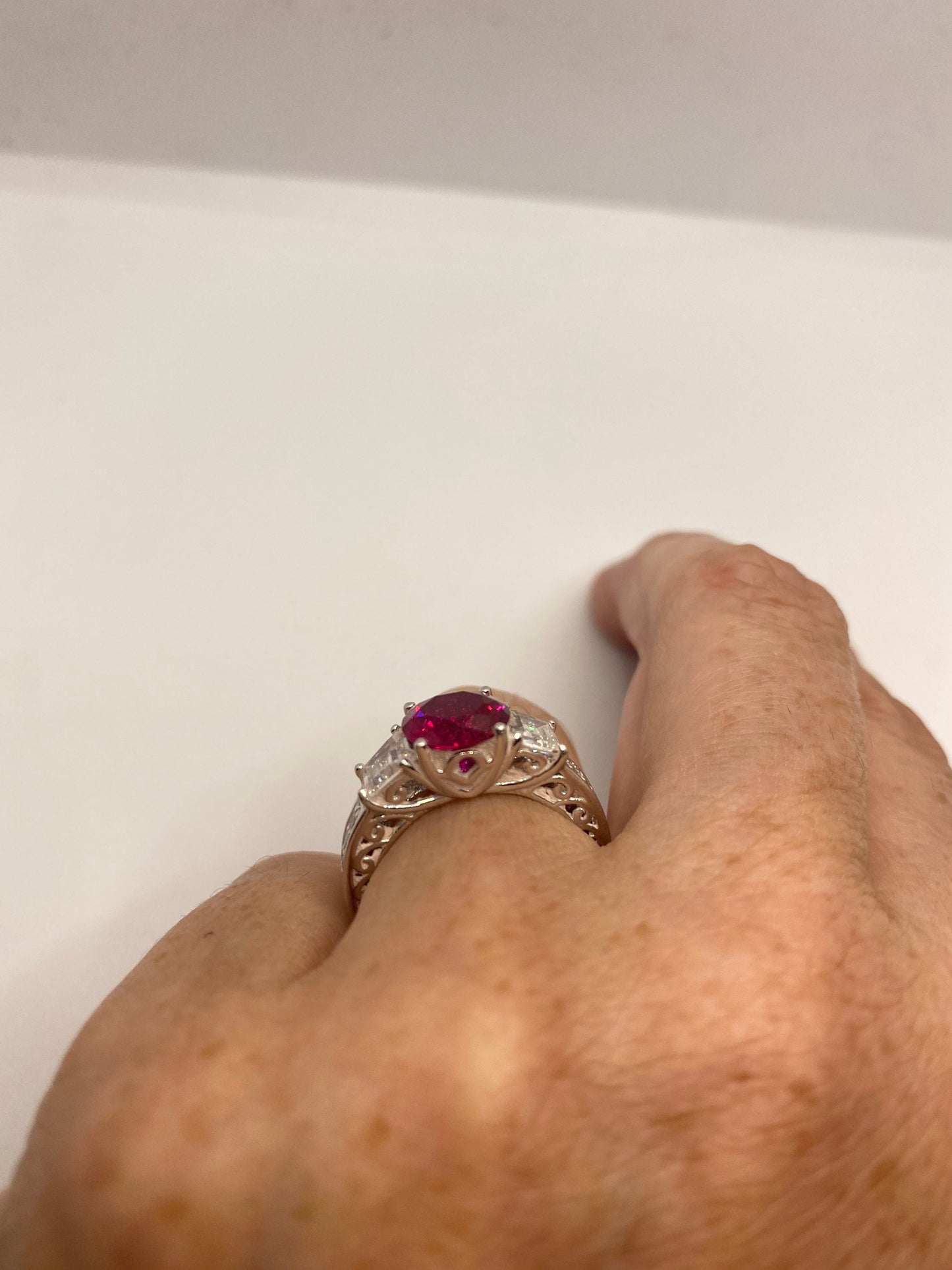 Vintage Ruby Cubic Zirconia Crystal 925 Sterling Silver Ring