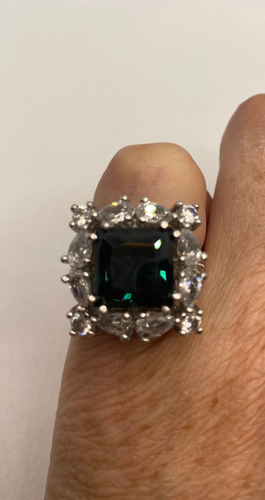 Vintage Green Tourmaline Cubic Zirconia Crystal 925 Sterling Silver Ring