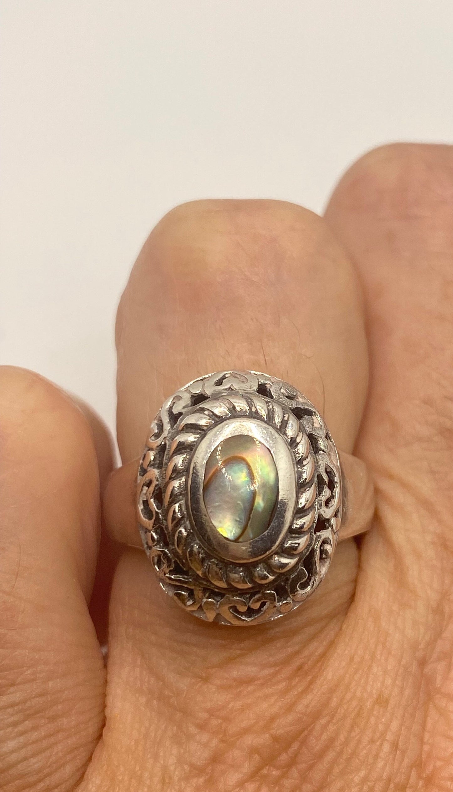 Antique Abalone Filigree 925 Sterling Silver Ring