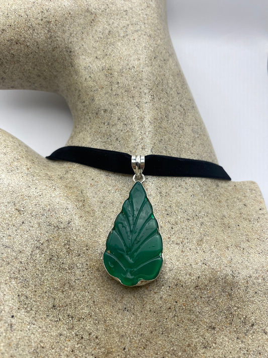 Vintage Green Aventurine Jade Choker Silver Finish Necklace Pendant