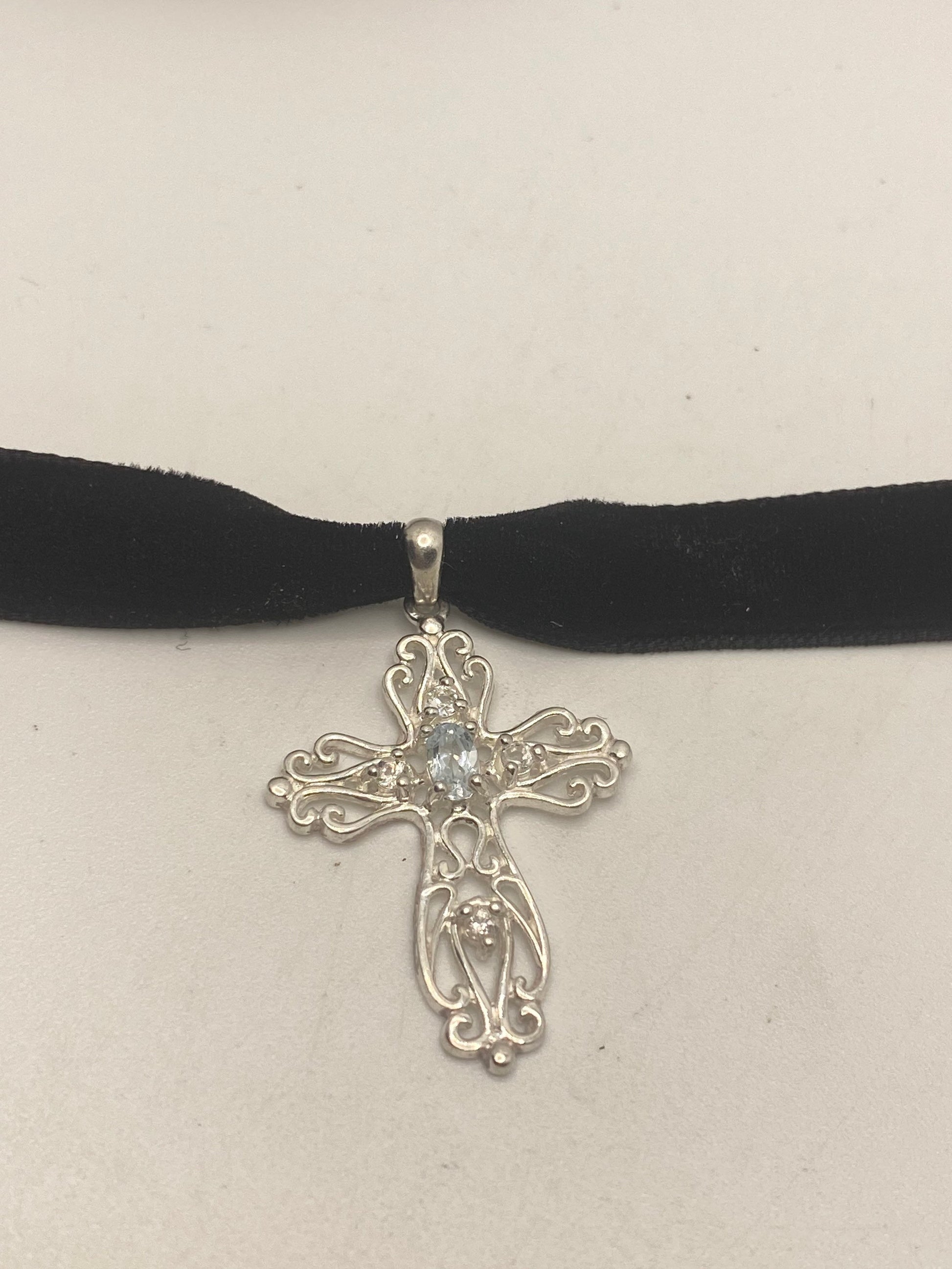Vintage Aquamarine Cross Choker Necklace 925 Sterling Silver Pendant