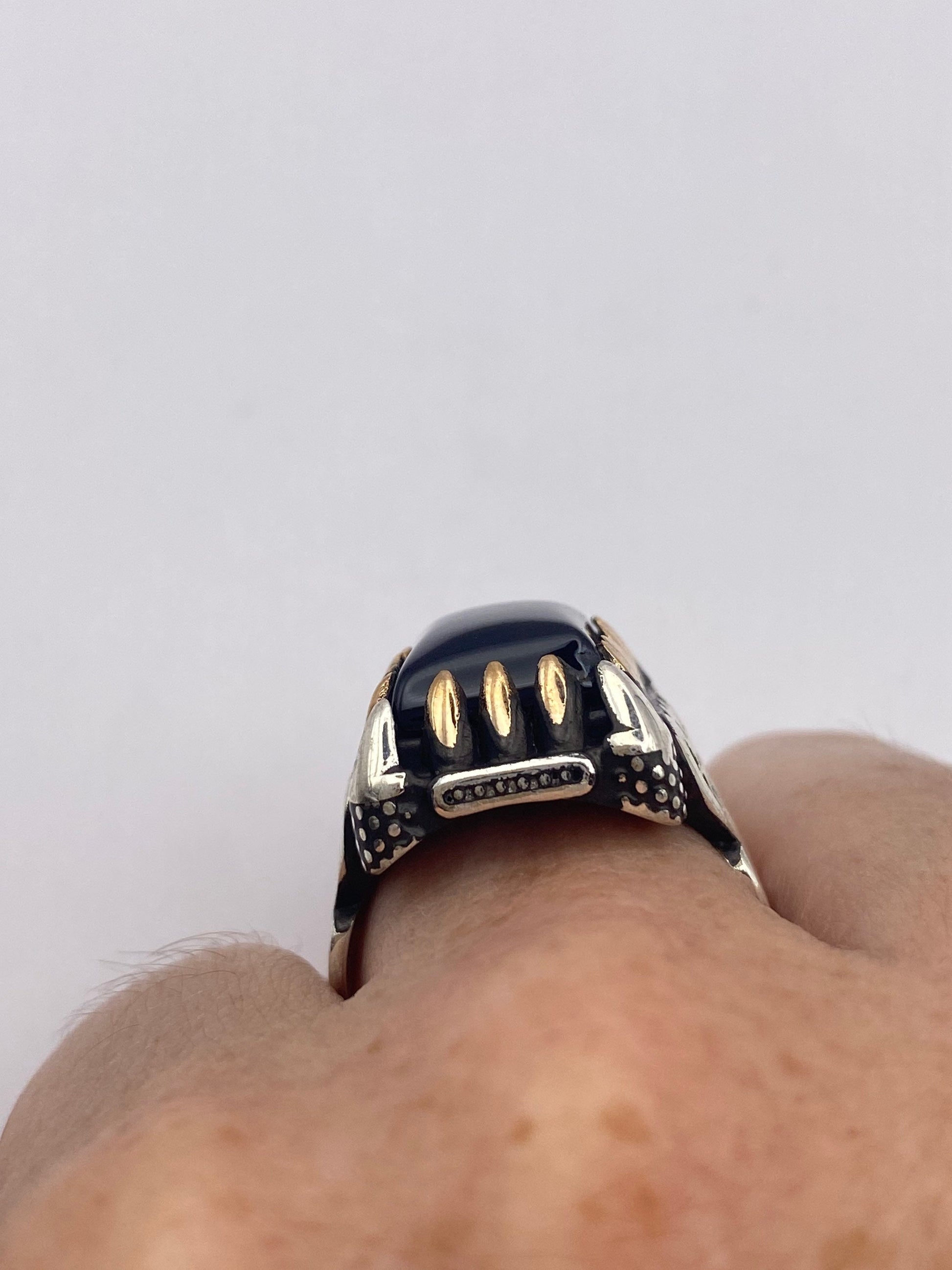 Vintage Onyx Mens Ring in 925 Sterling Silver Persian Genuine Black Onyx