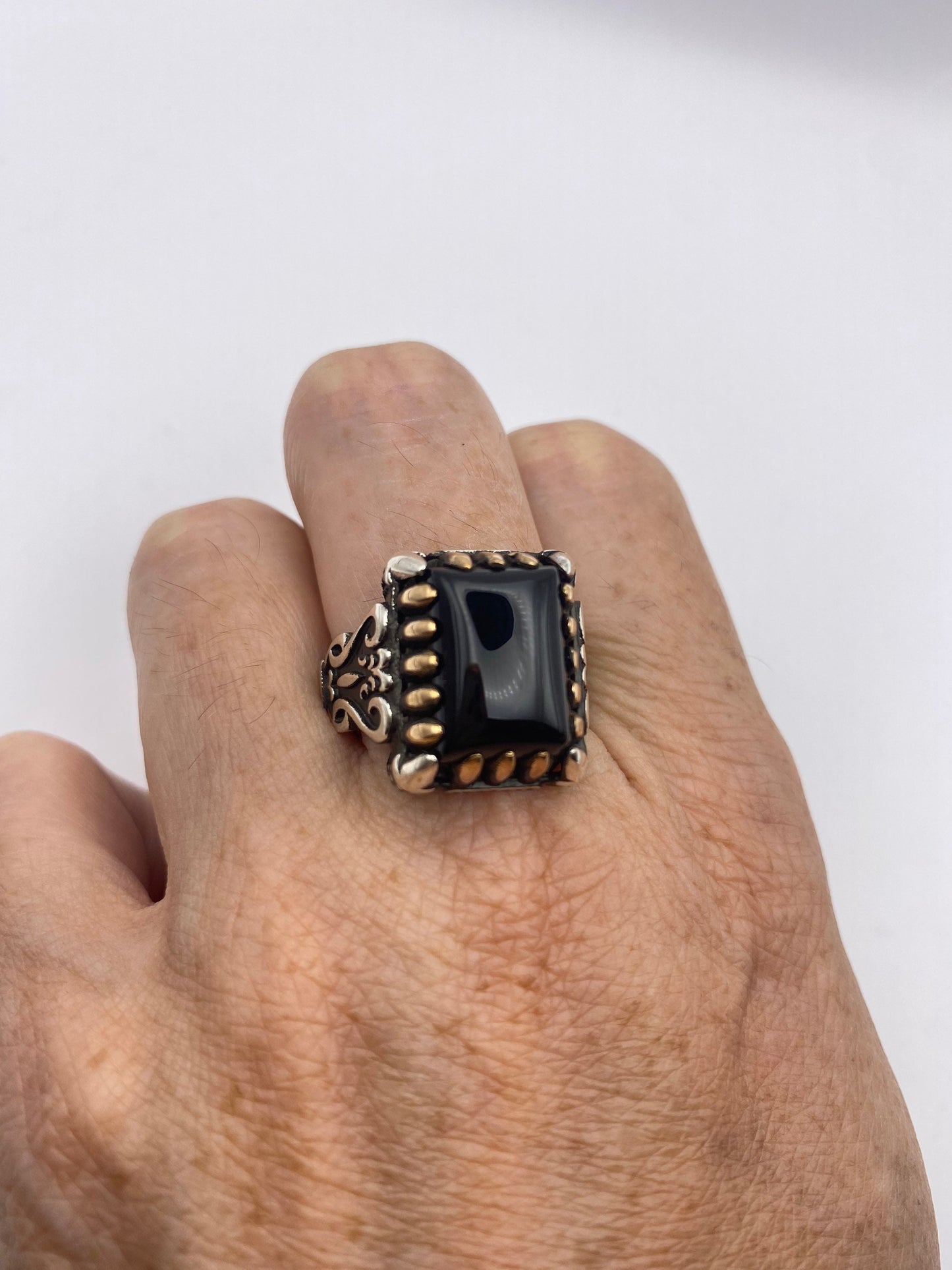 Vintage Onyx Mens Ring in 925 Sterling Silver Persian Genuine Black Onyx