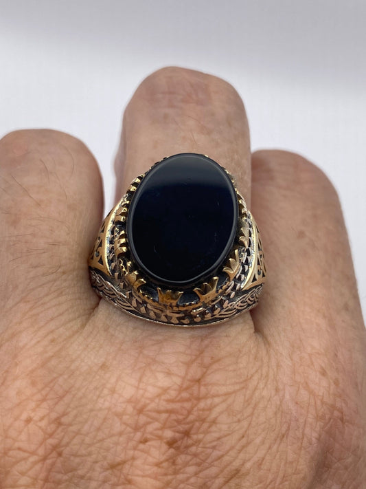 Vintage Onyx Mens Ring in 925 Sterling Silver Persian Genuine Black Onyx