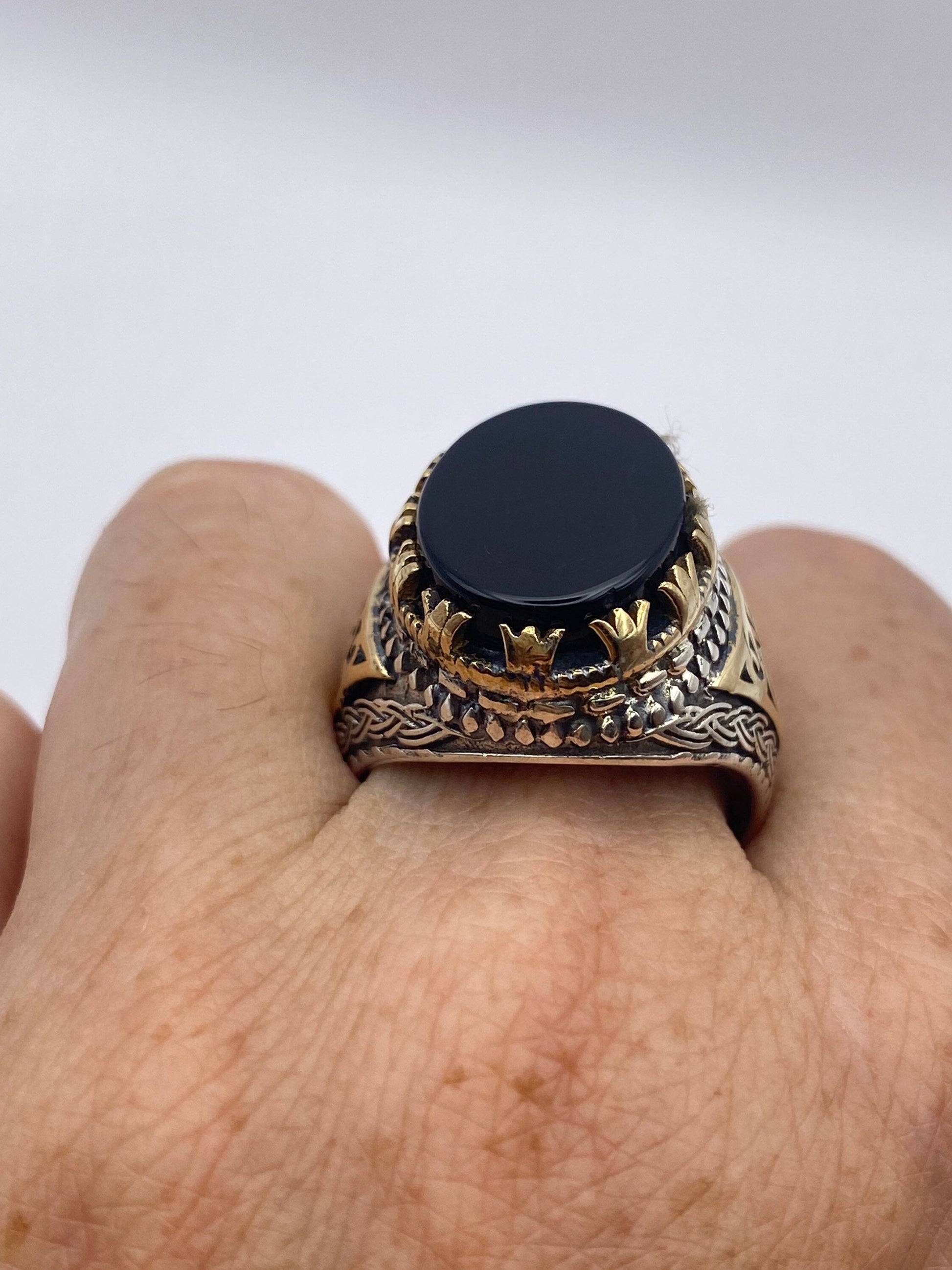 Vintage Onyx Mens Ring in 925 Sterling Silver Persian Genuine Black Onyx