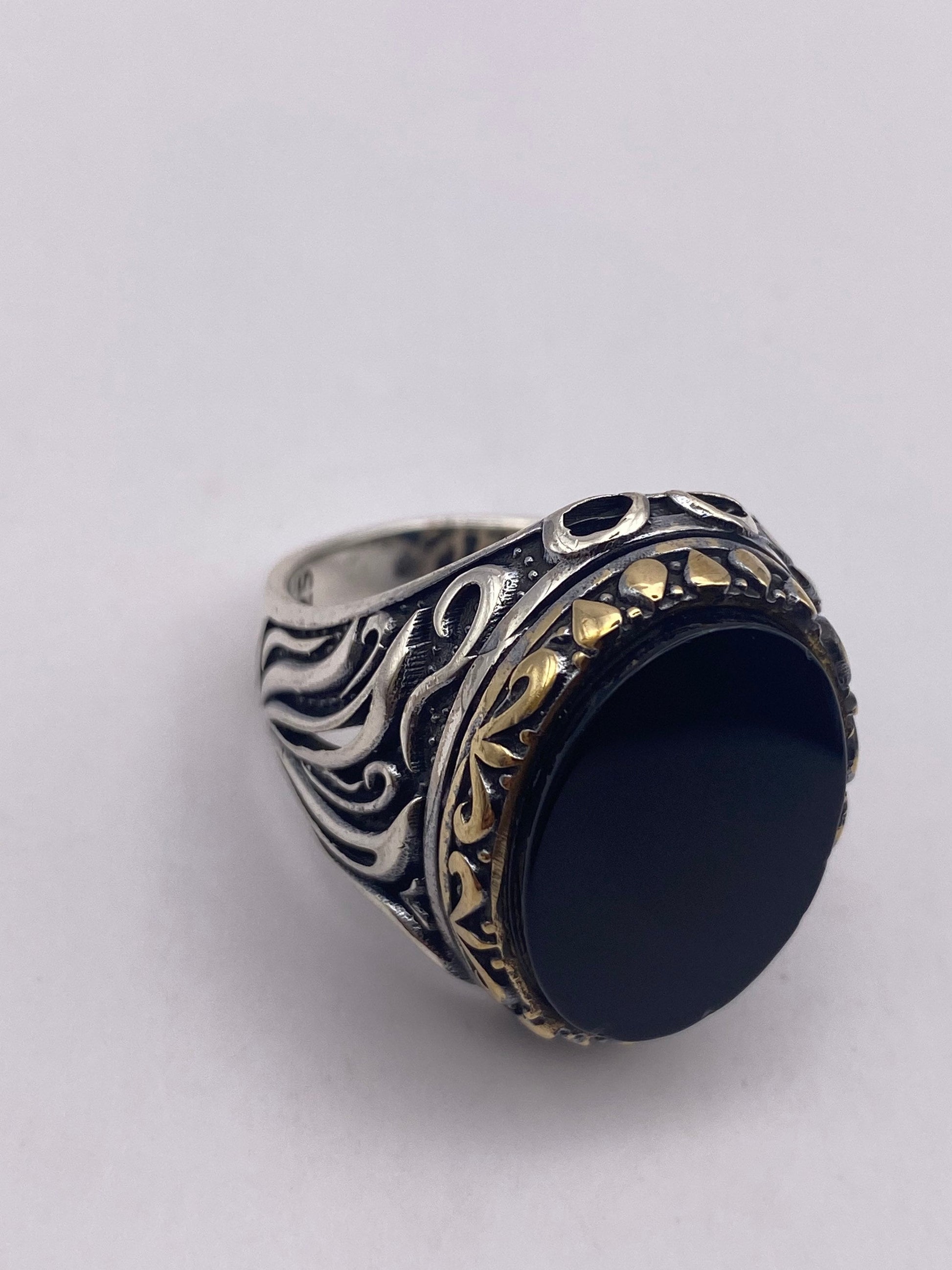 Vintage Onyx Mens Ring in 925 Sterling Silver Persian Genuine Black Onyx