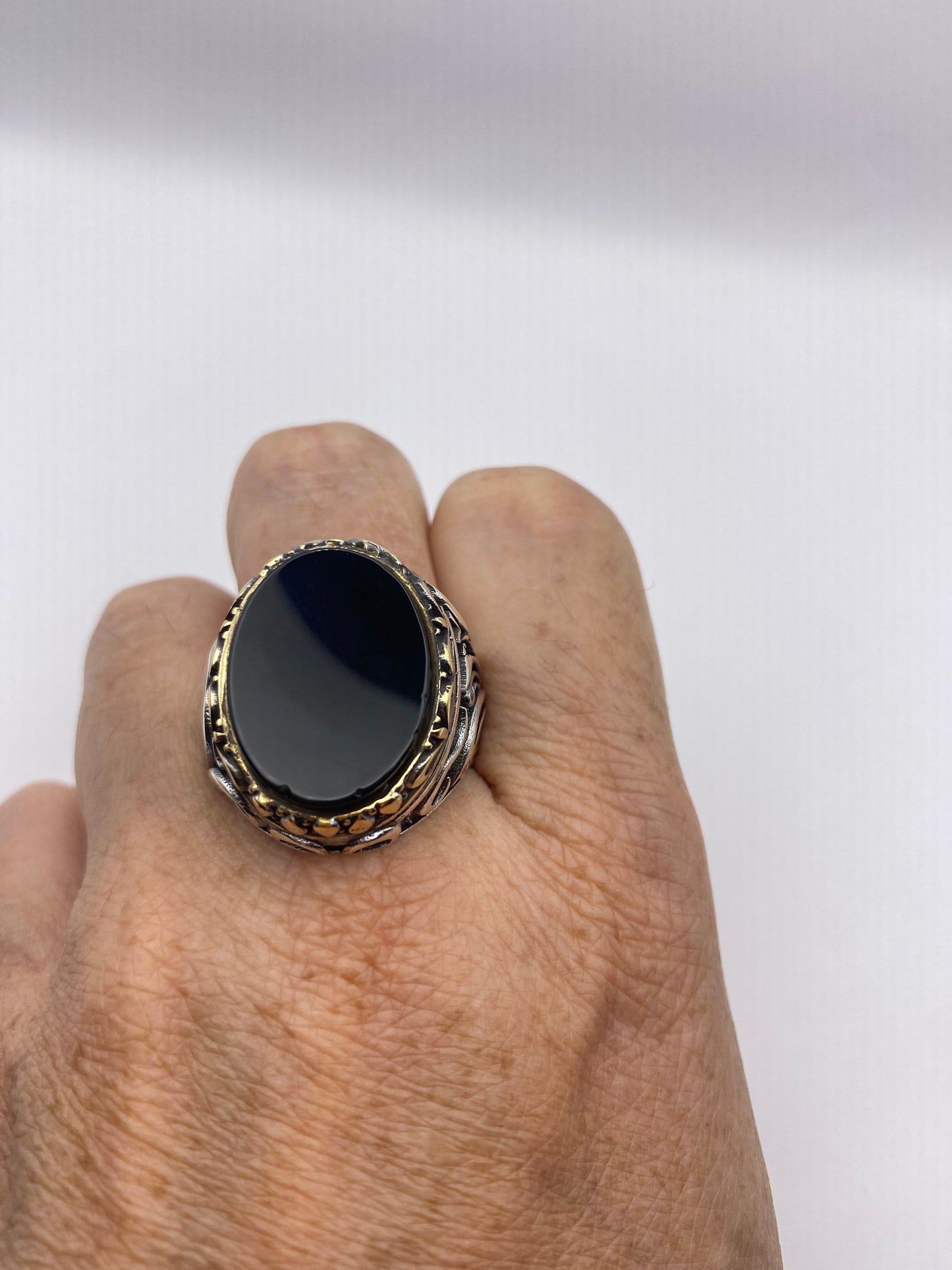 Vintage Onyx Mens Ring in 925 Sterling Silver Persian Genuine Black Onyx