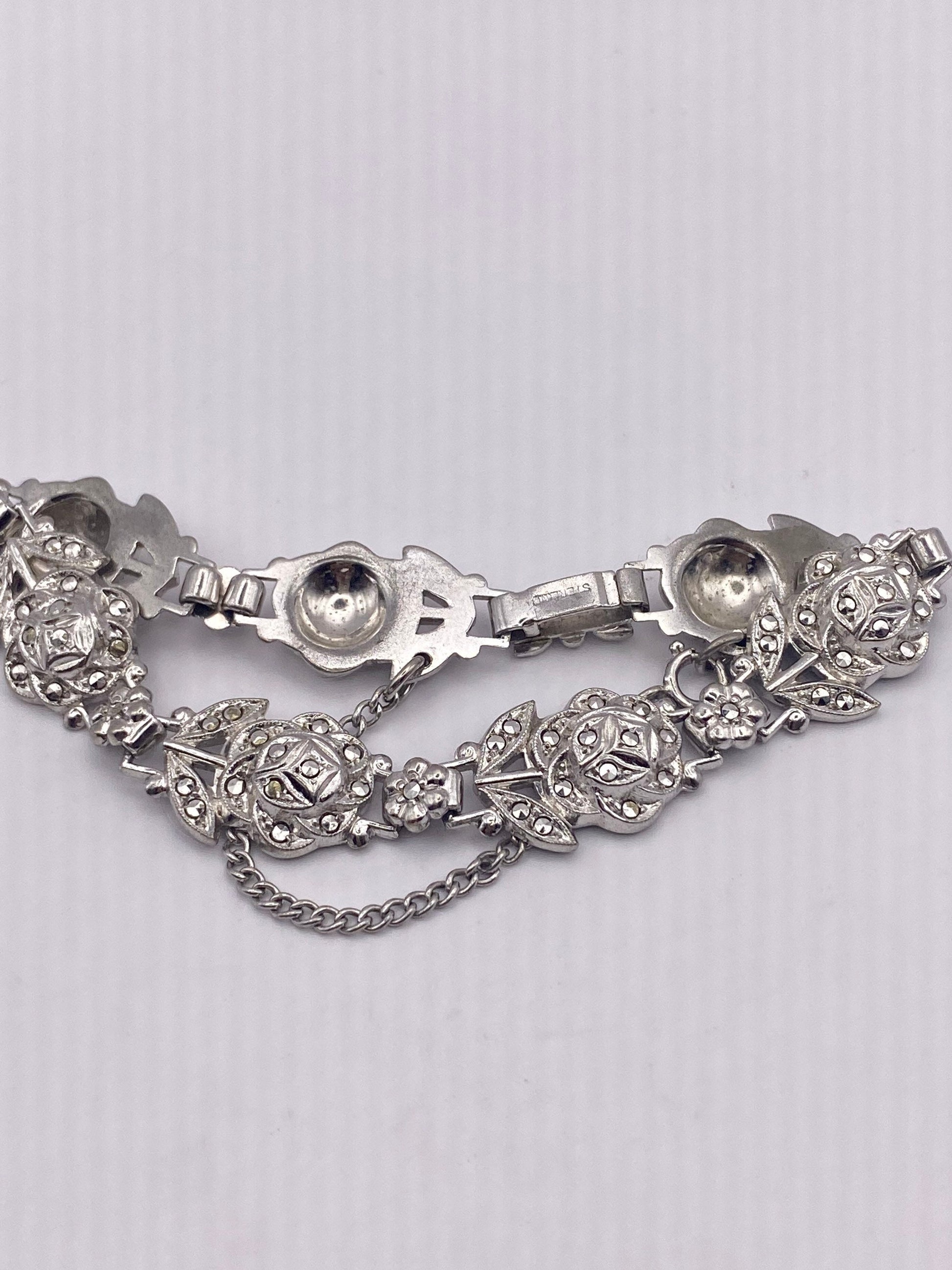 Marcasite Rose Bracelet in 925 Sterling Silver Vintage Handmade 7.5 Inch