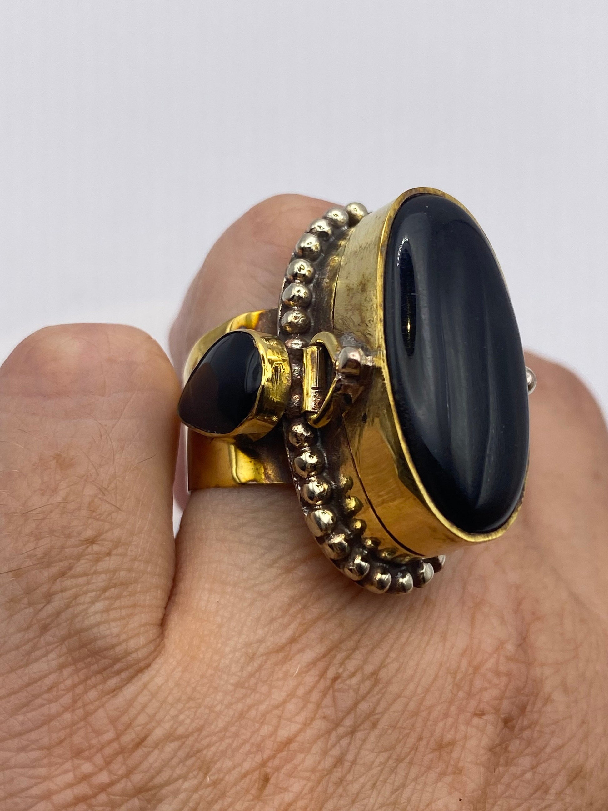 Vintage Black Onyx Brass Poison Pillbox Adjustable Ring