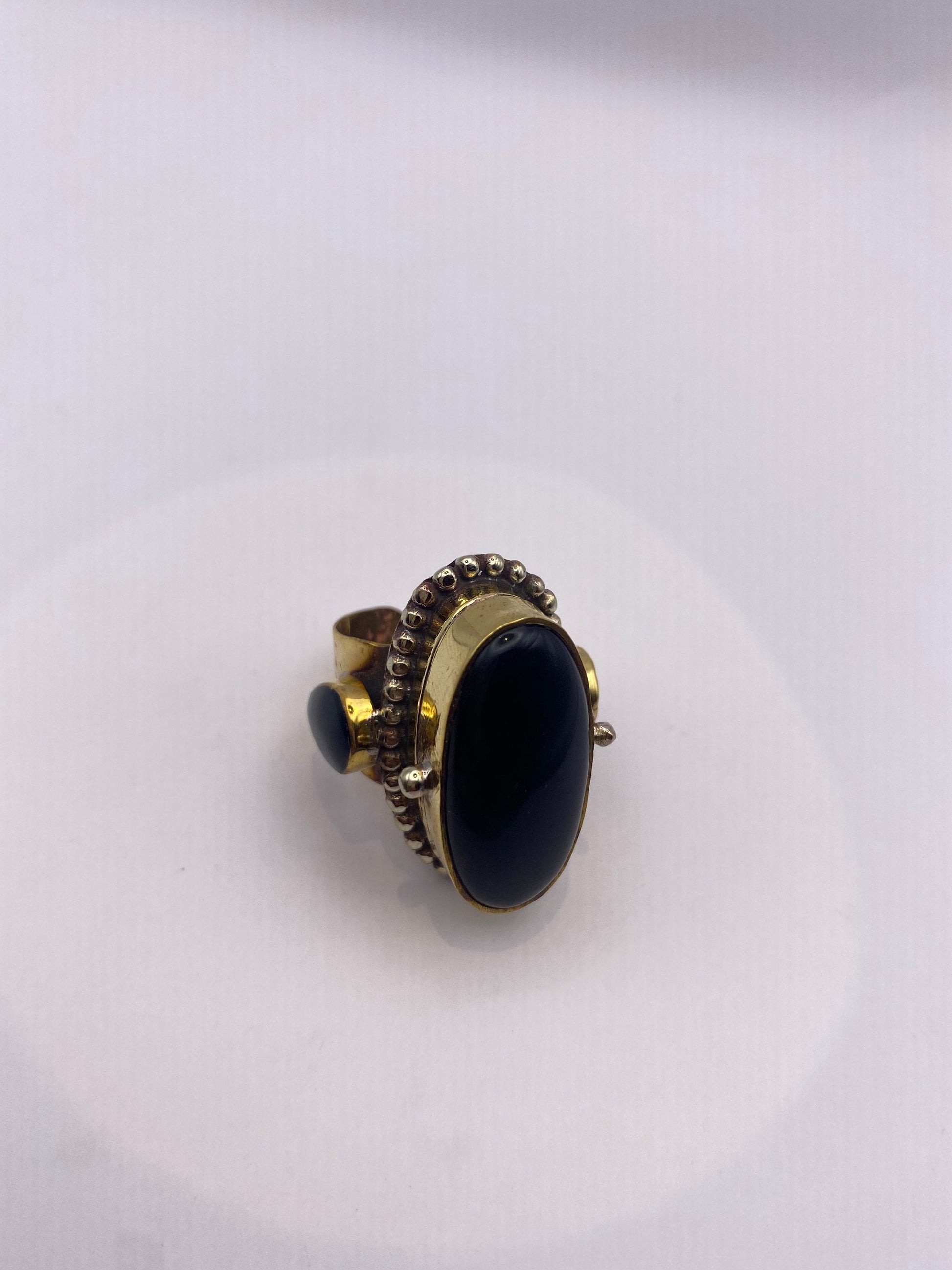 Vintage Black Onyx Brass Poison Pillbox Adjustable Ring