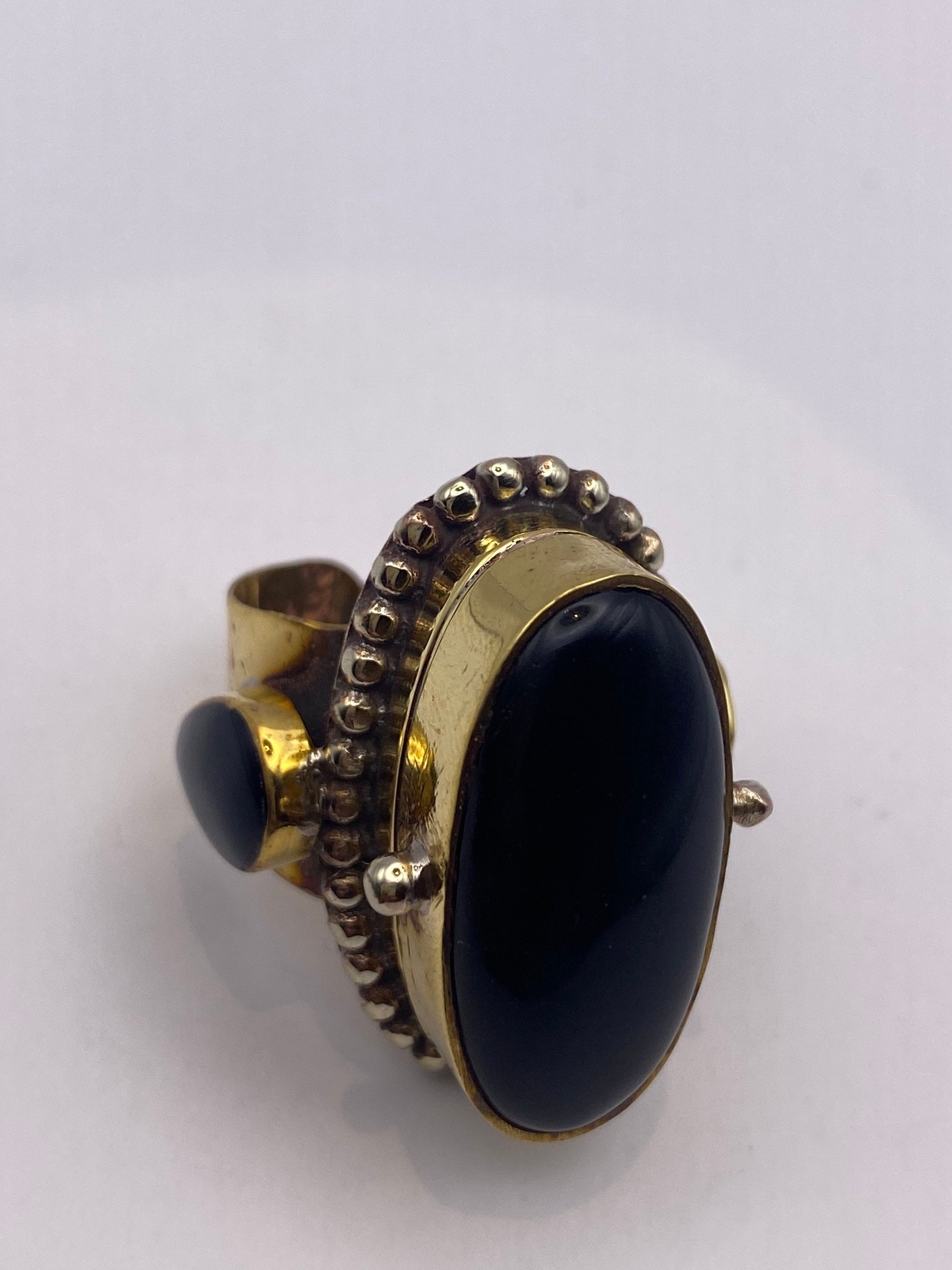 Vintage Black Onyx Brass Poison Pillbox Adjustable Ring