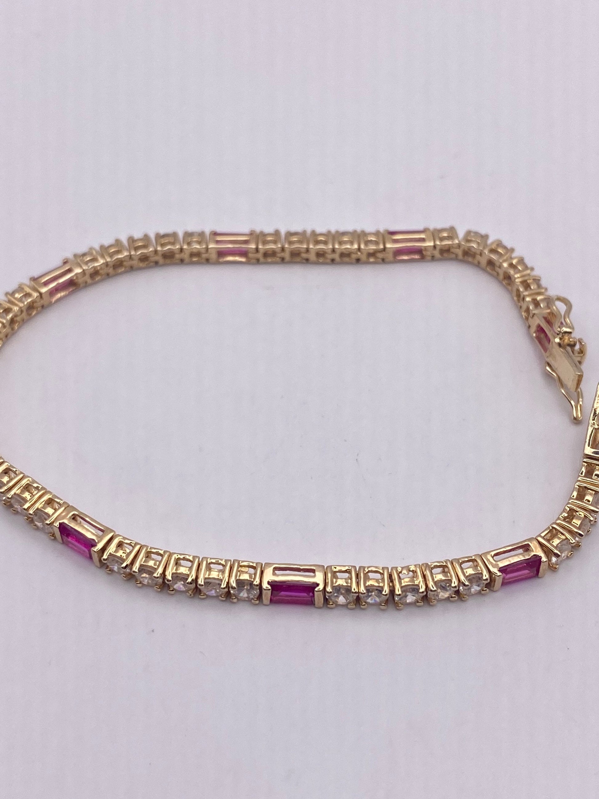 Vintage Clear and Pink Crystal Golden 925 Sterling Silver Tennis Bracelet