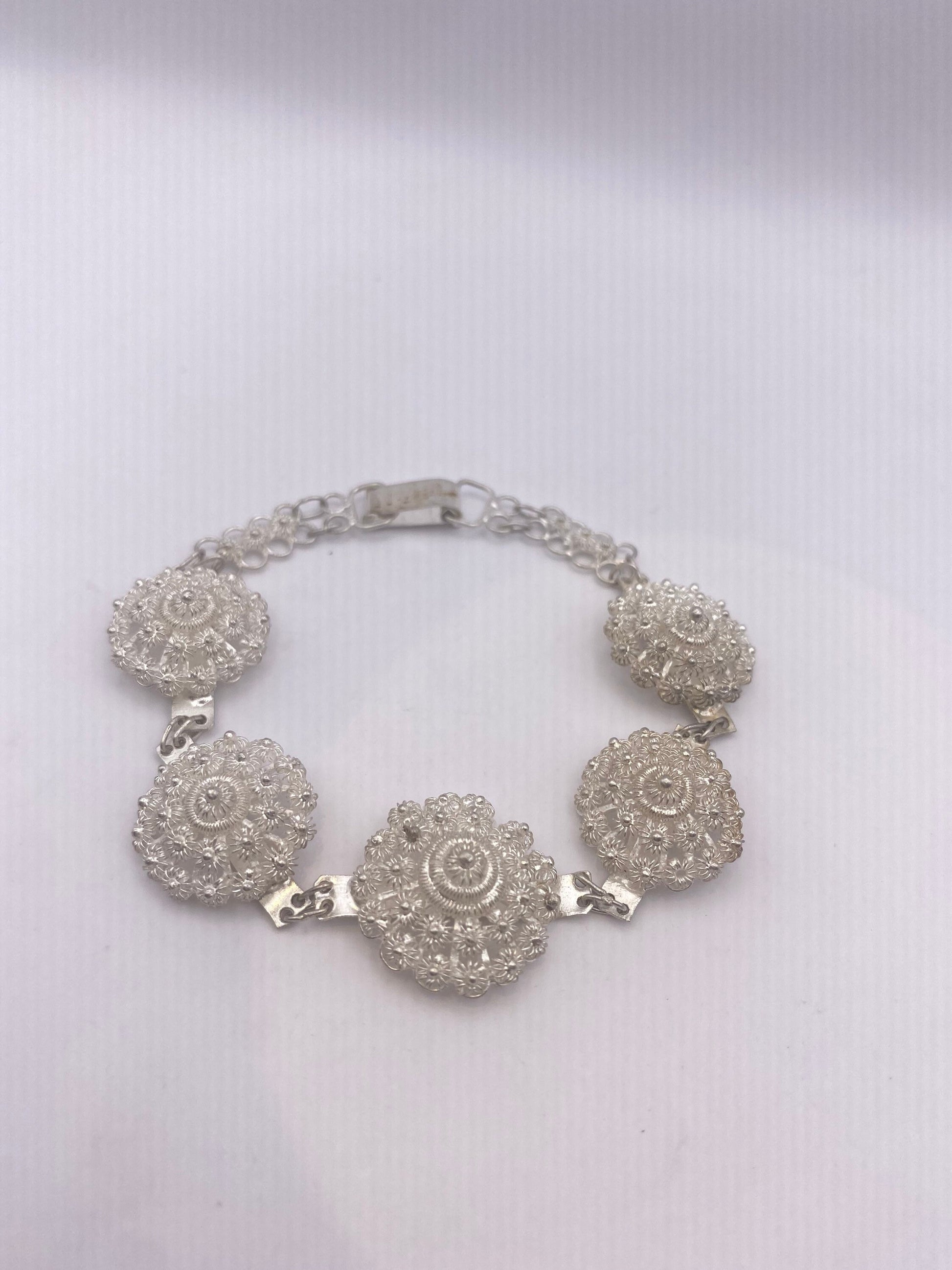 Vintage 925 Sterling Silver Filigree Flower Bracelet