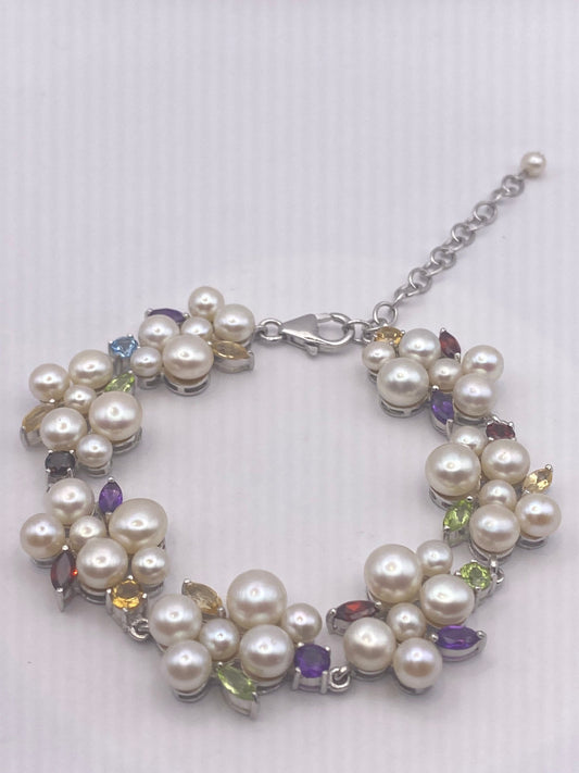Vintage Mixed Gemstone Pearl 925 Sterling Silver Tennis Bracelet