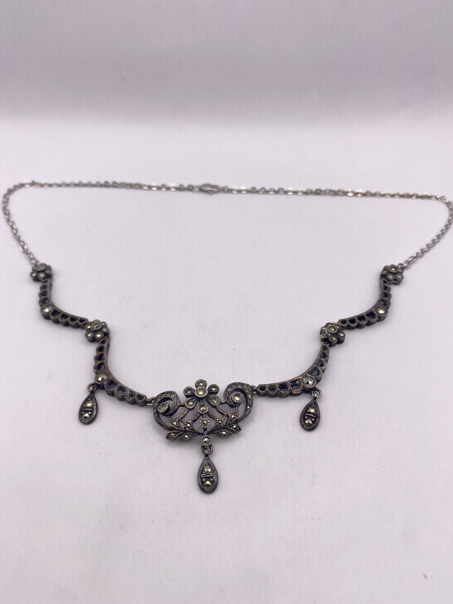 Vintage Marcasite Choker 925 Sterling Silver Deco Pendant Necklace