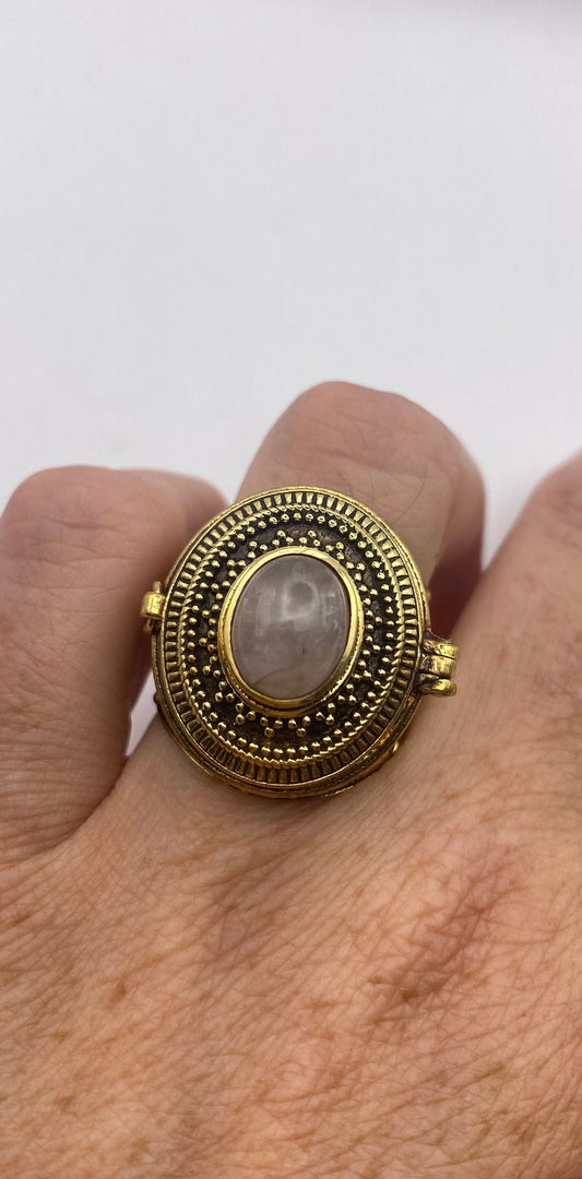 Vintage Rose Quartz Brass Poison Pillbox Adjustable Ring