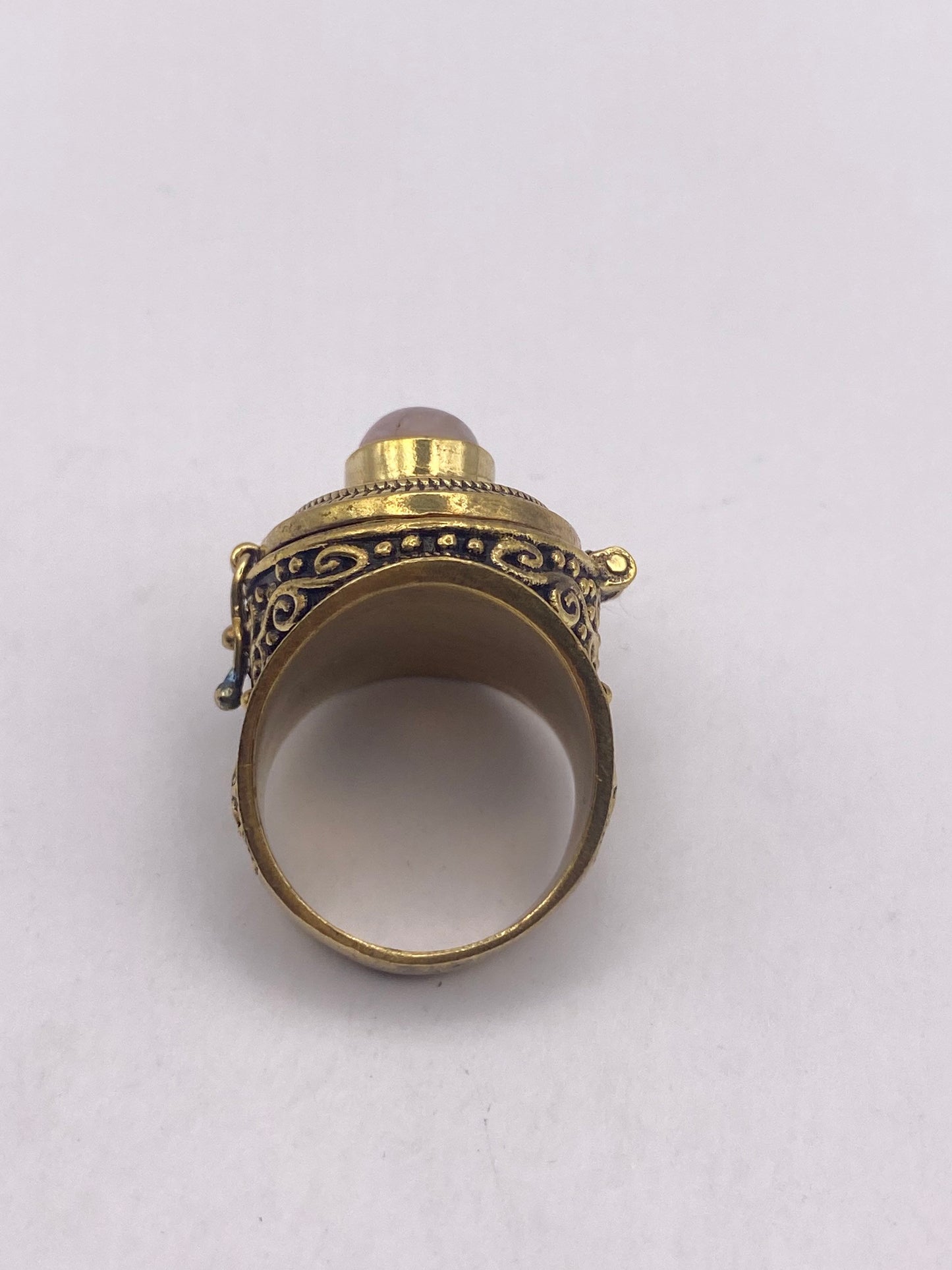 Vintage Rose Quartz Brass Poison Pillbox Adjustable Ring