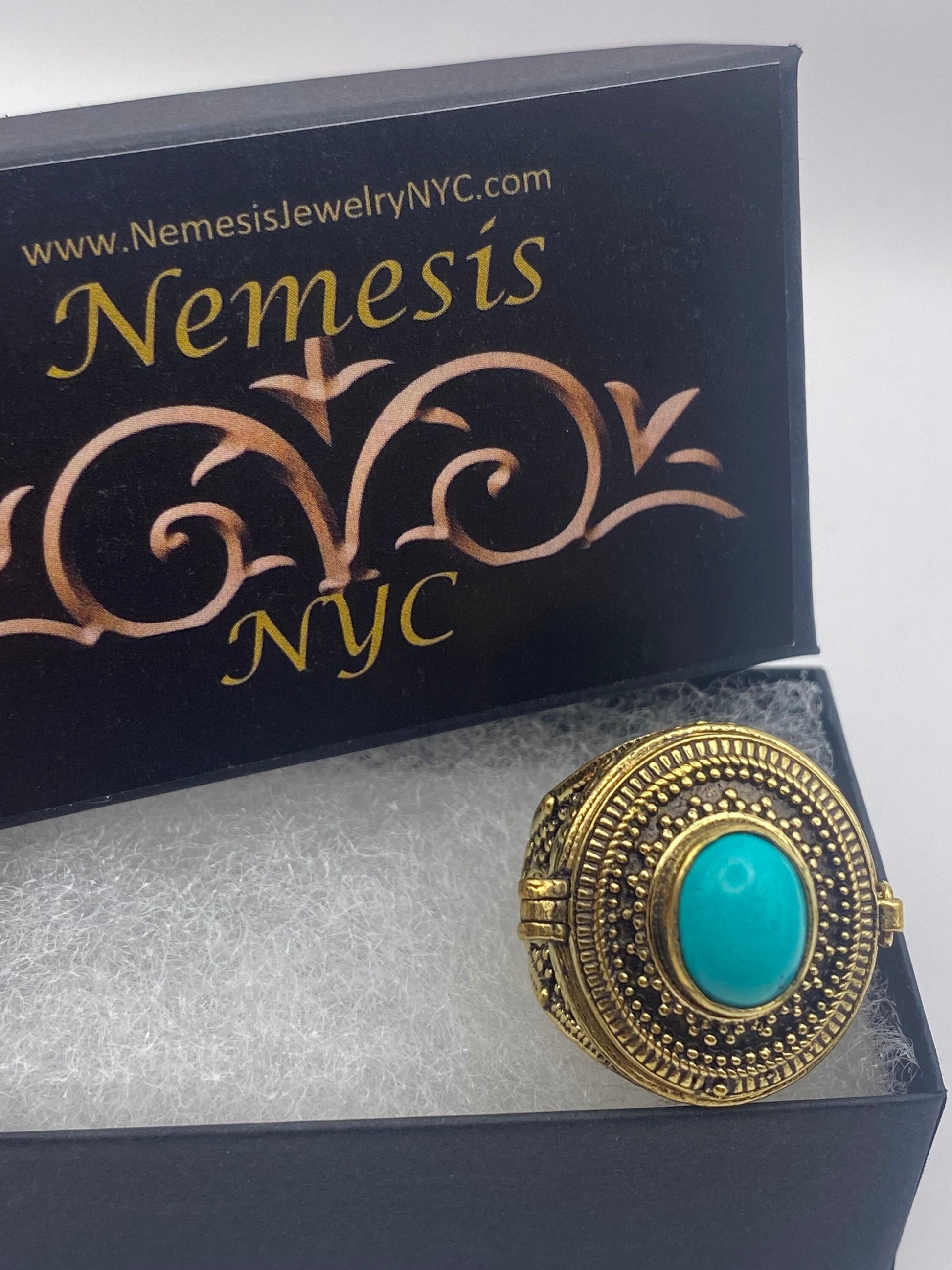 Vintage Turquoise Brass Poison Pillbox Ring