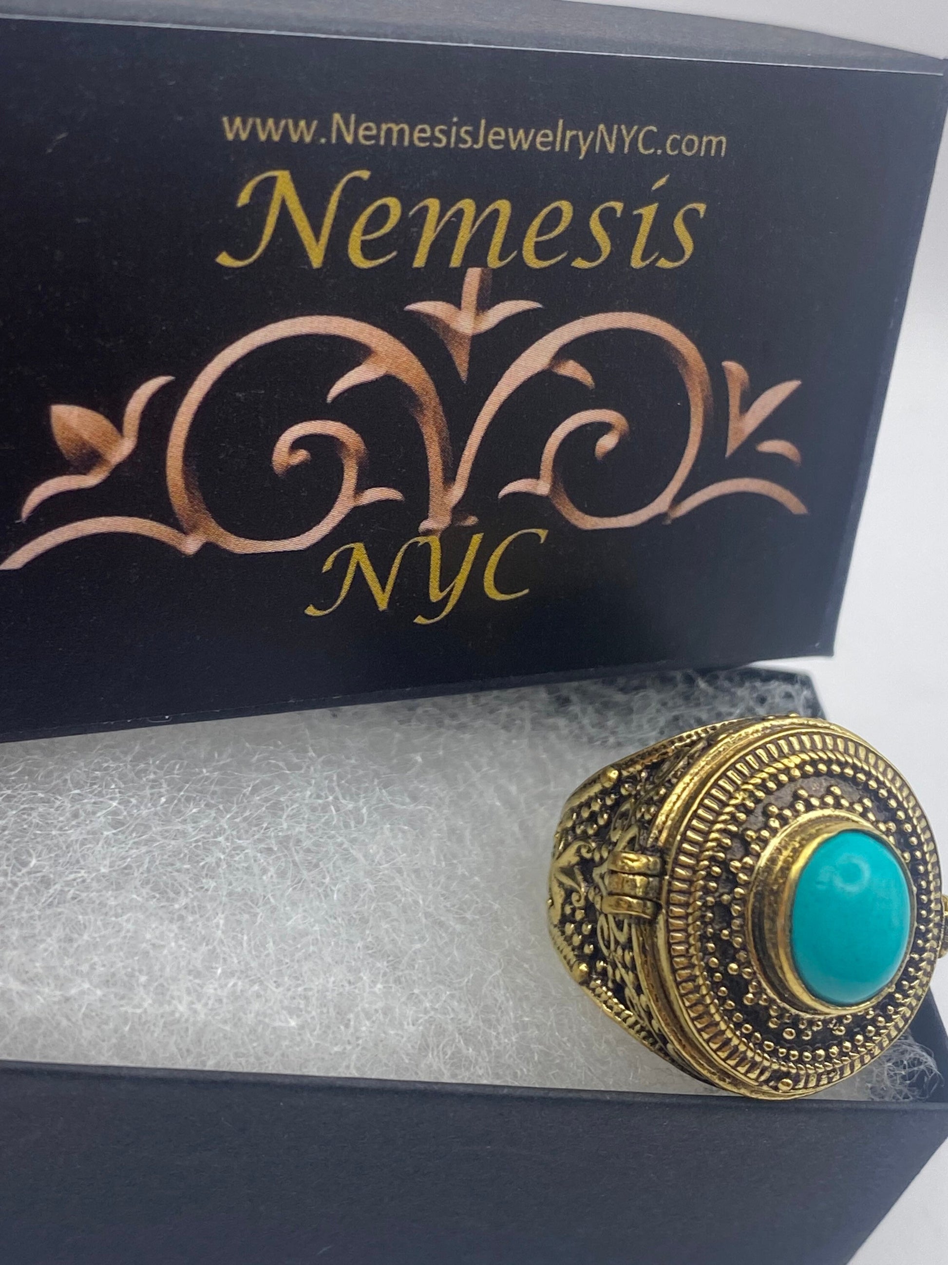 Vintage Turquoise Brass Poison Pillbox Ring