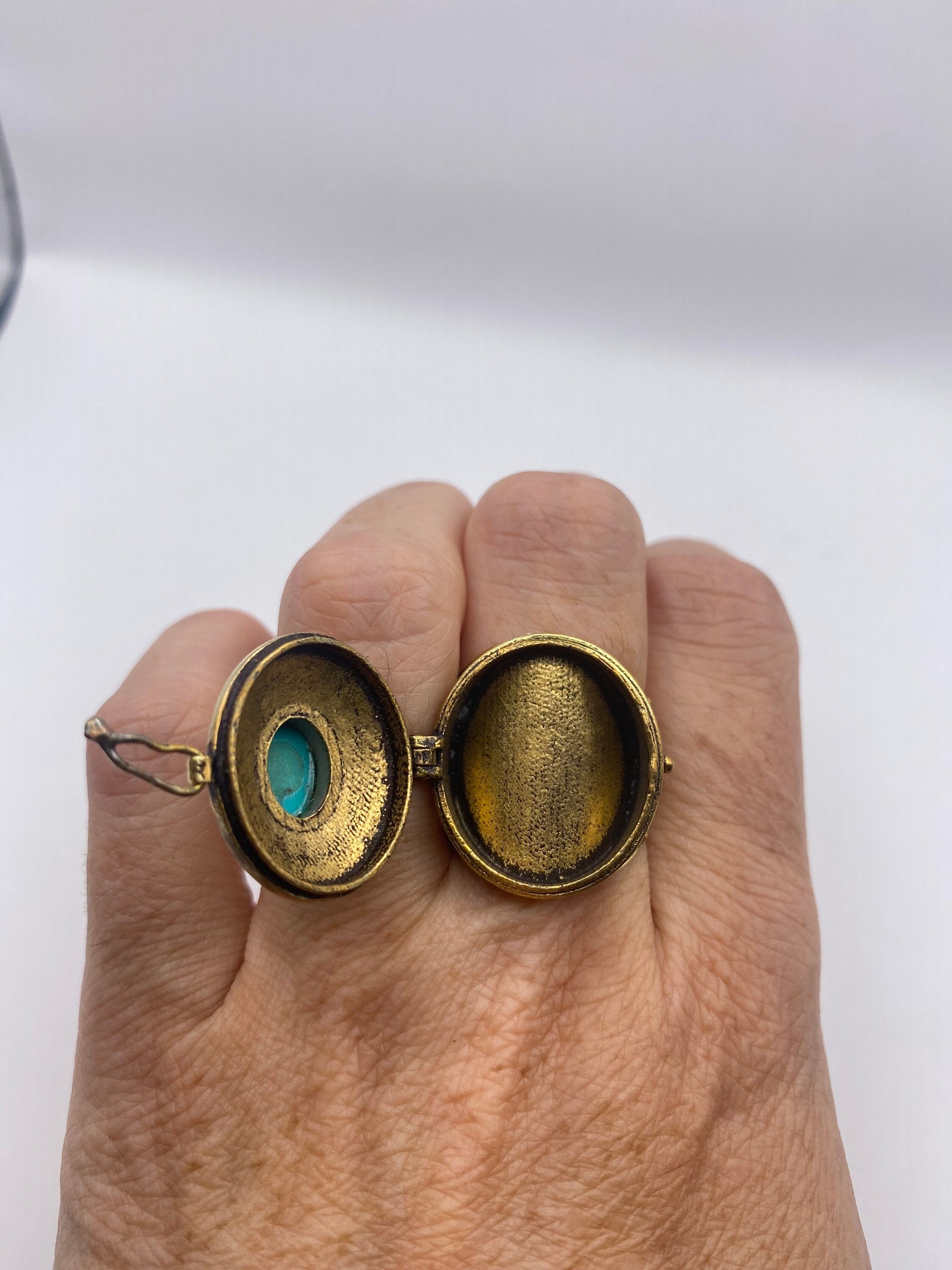 Vintage Turquoise Brass Poison Pillbox Ring