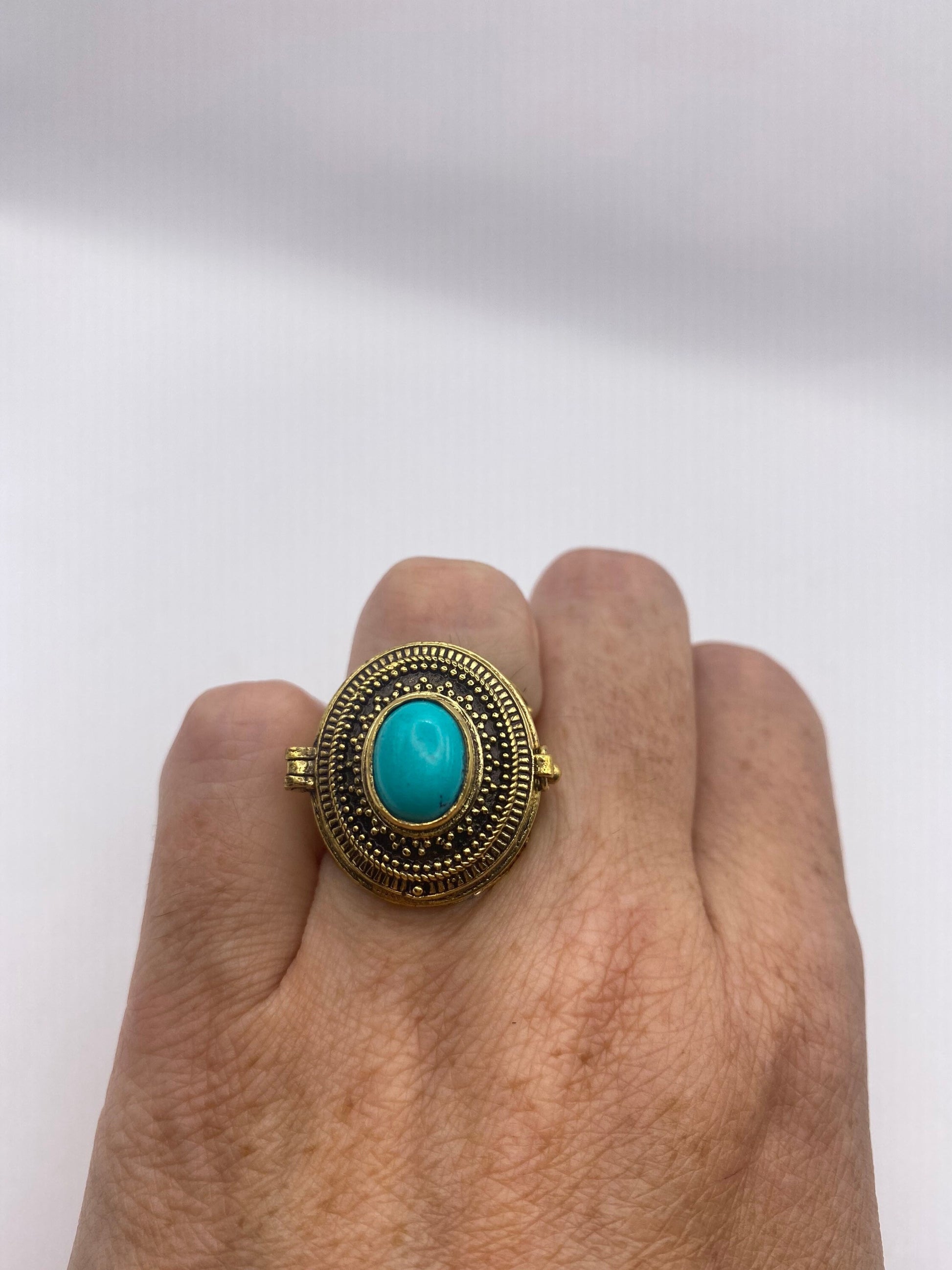 Vintage Turquoise Brass Poison Pillbox Ring