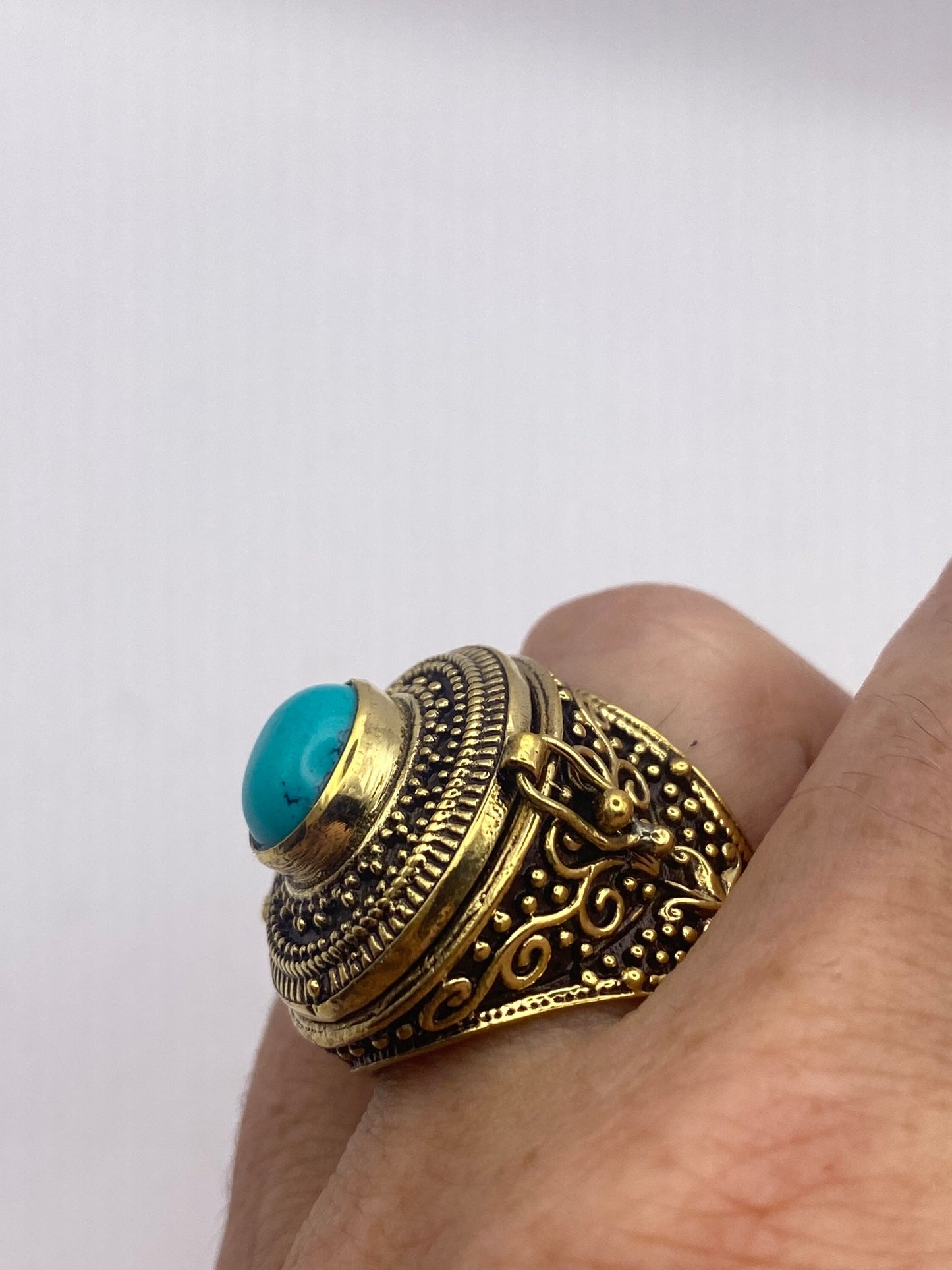 Vintage Turquoise Brass Poison Pillbox Ring