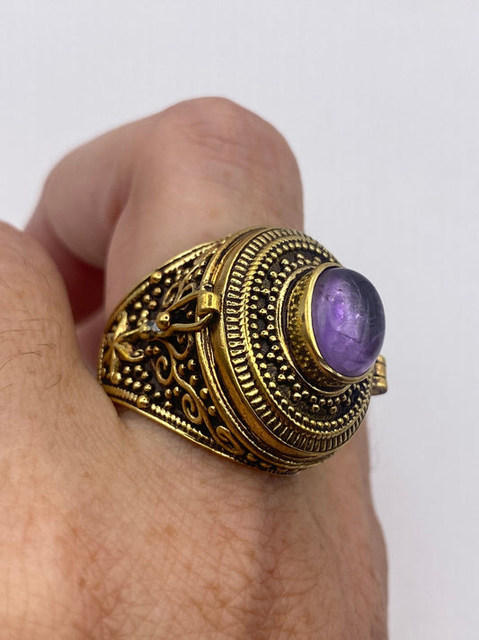 Vintage Purple Amethyst Brass Poison Pillbox Ring