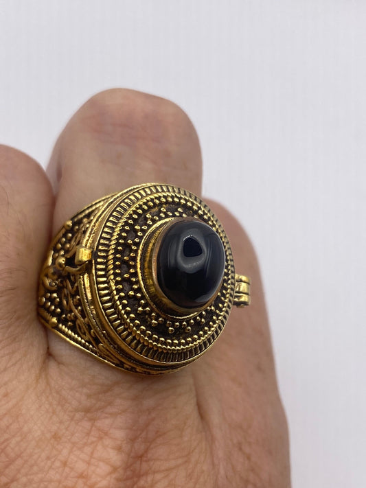 Vintage Black Onyx Brass Poison Pillbox Ring