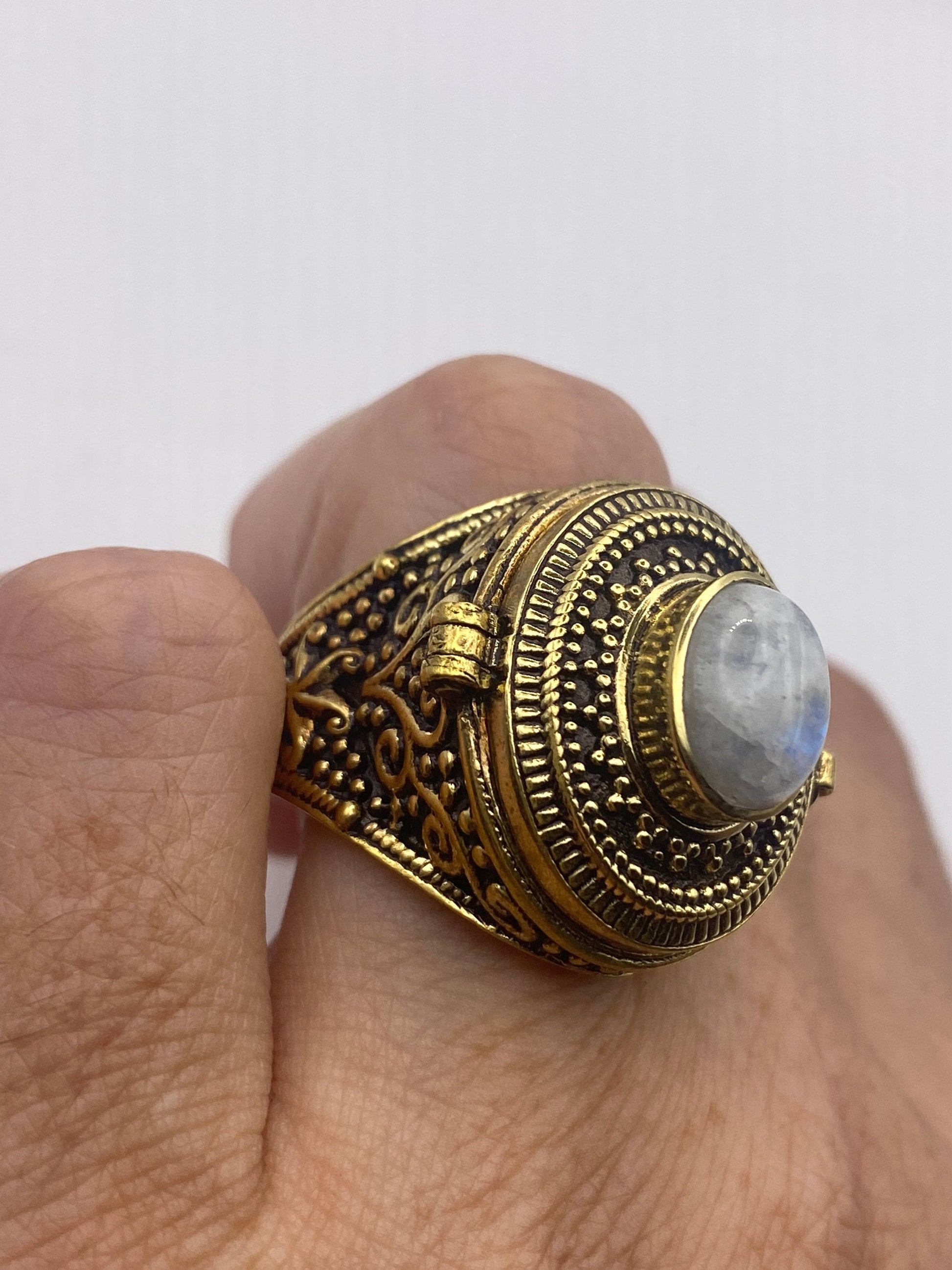 Vintage Rainbow Moonstone Brass Poison Pillbox Ring