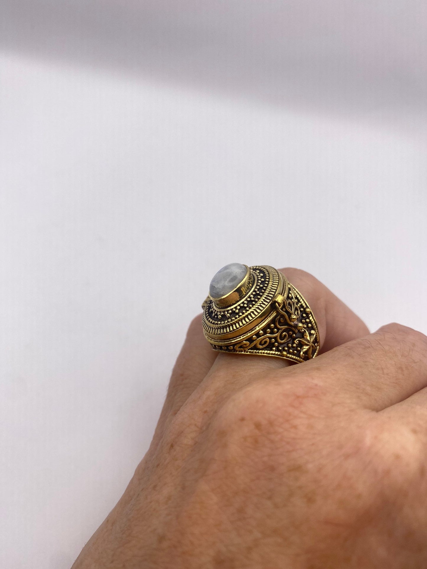 Vintage Rainbow Moonstone Brass Poison Pillbox Ring