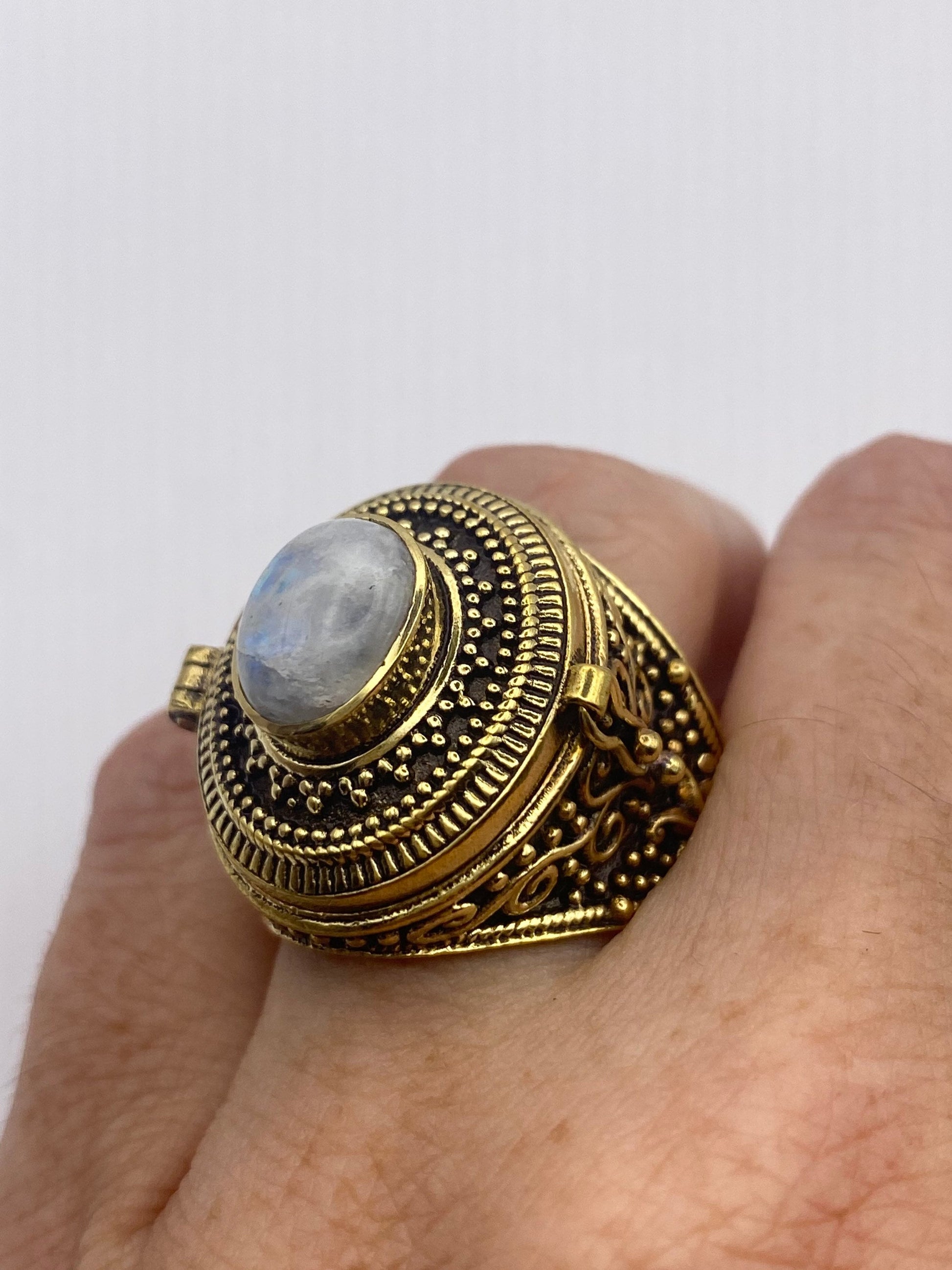 Vintage Rainbow Moonstone Brass Poison Pillbox Ring