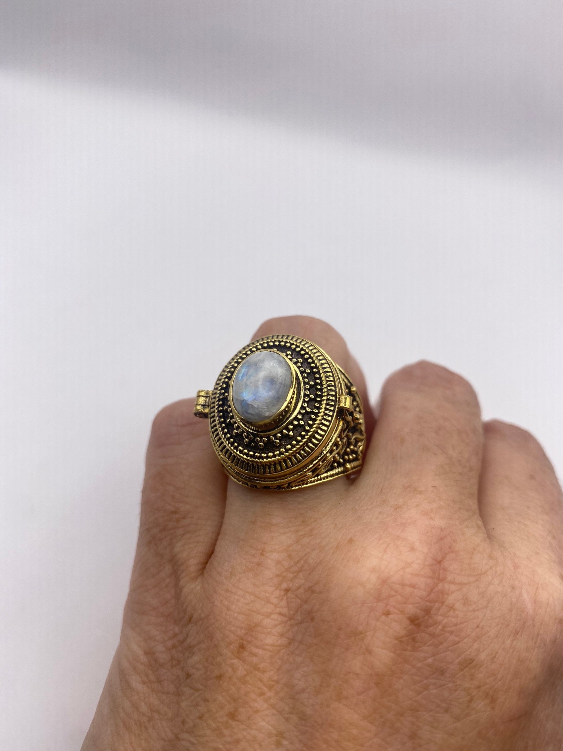 Vintage Rainbow Moonstone Brass Poison Pillbox Ring