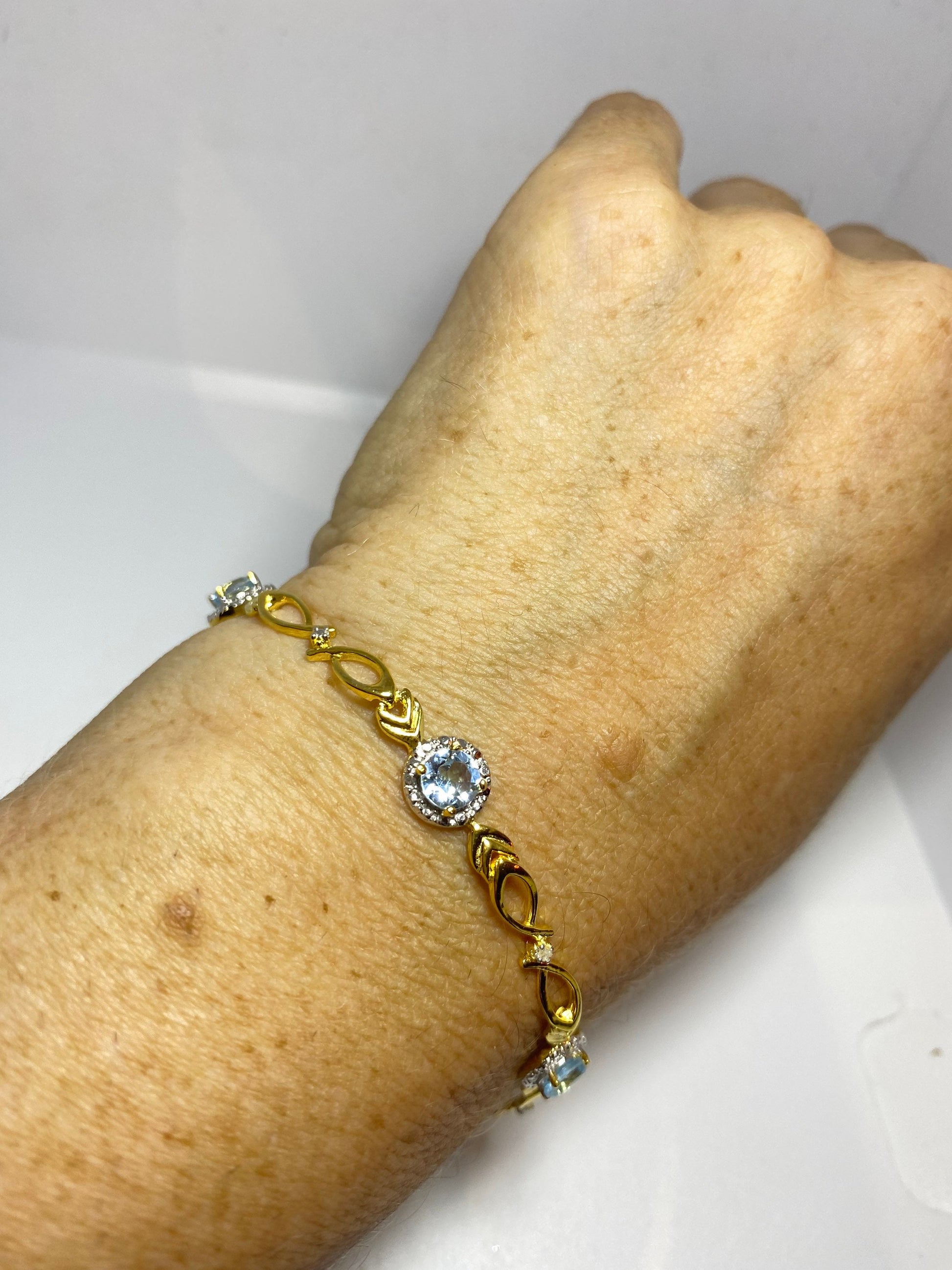 Vintage Blue Aquamarine Golden 925 Sterling Silver Tennis Bracelet