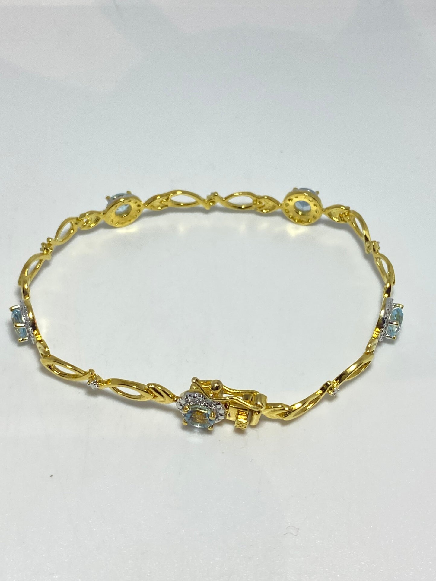 Vintage Blue Aquamarine Golden 925 Sterling Silver Tennis Bracelet