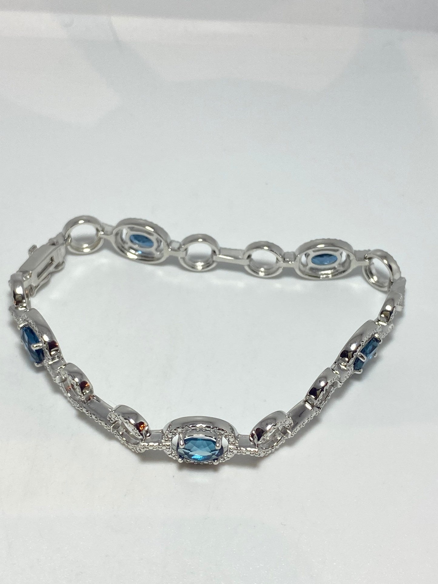 Vintage London Blue Topaz Diamond 925 Sterling Silver Tennis Bracelet 7 inch