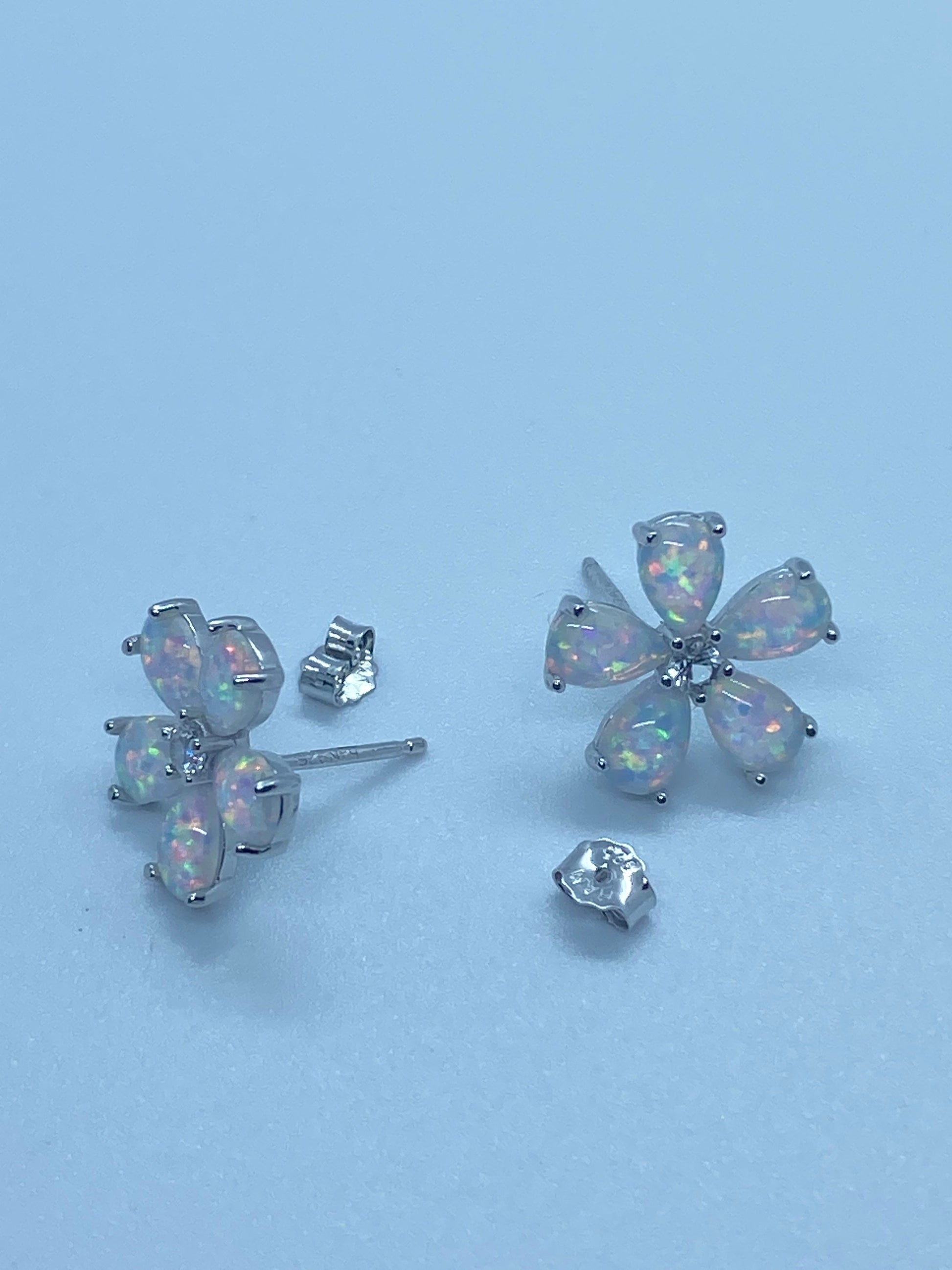 Vintage White Opal Flower Earrings 925 Sterling Silver Stud Button