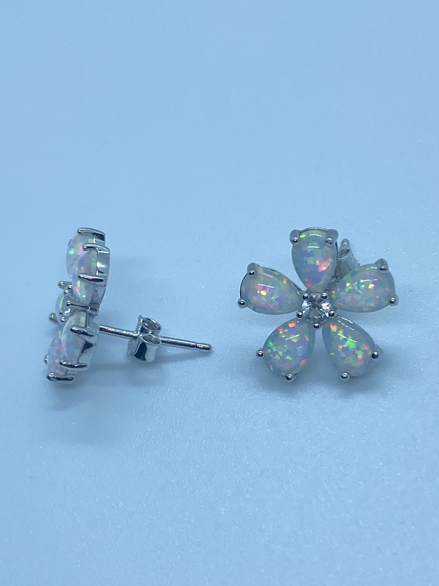 Vintage White Opal Flower Earrings 925 Sterling Silver Stud Button